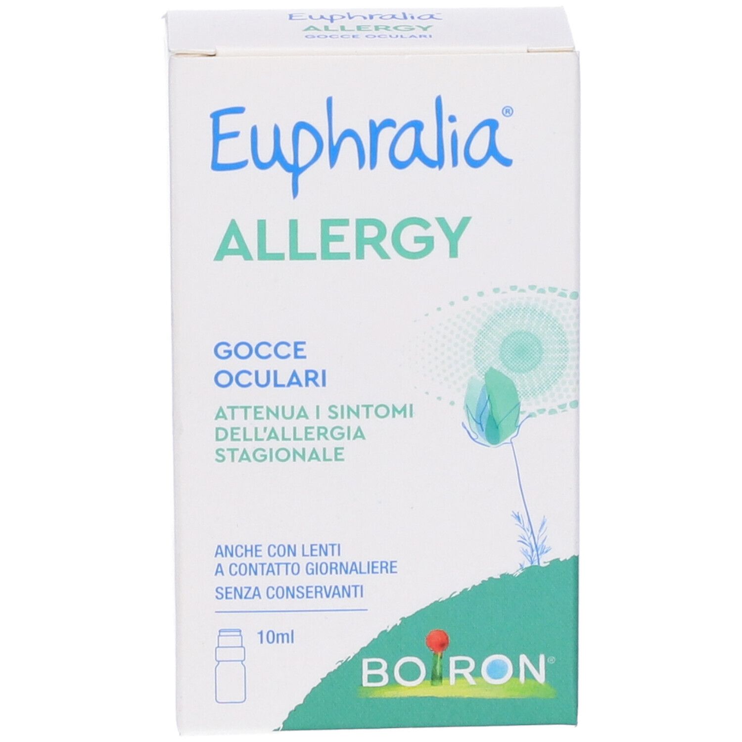 Confezione di gocce oculari Euphralia Allergy. Contiene 10ml. Marchio Boiron. Testo in italiano.