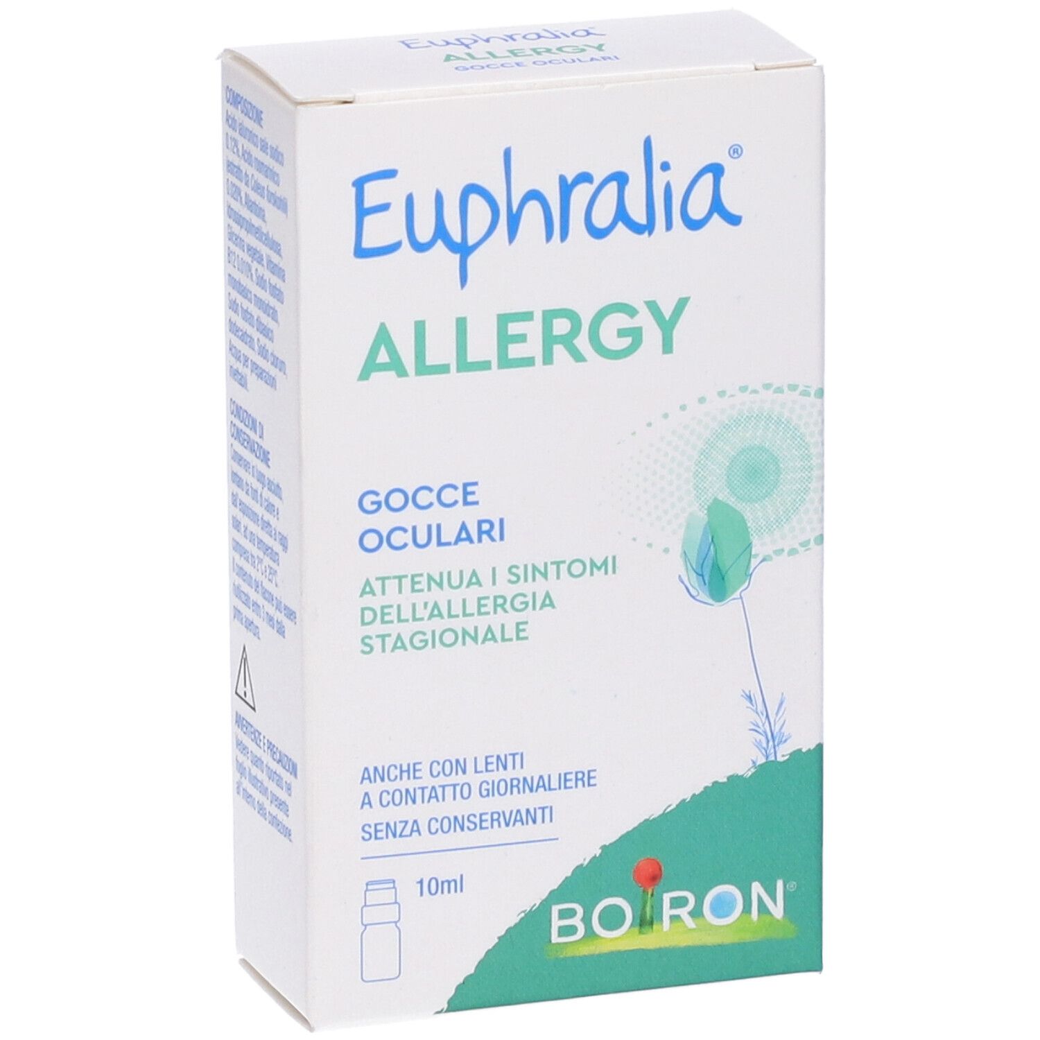 Confezione di gocce oculari Euphralia Allergy. Contiene 10ml. Marchio Boiron. Testo in italiano.