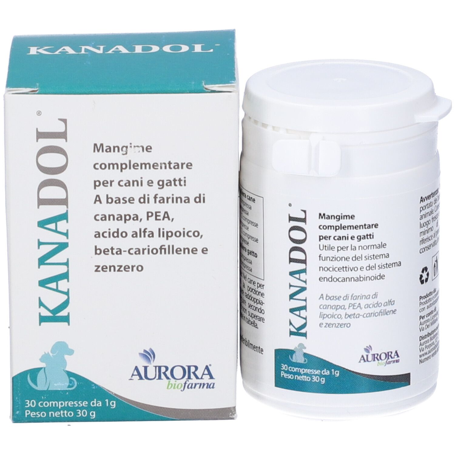 Produktverpackung. Weiße Dose und Schachtel. Aufschrift KANADOL und Aurora Biofarma. 30 Tabletten. Ergänzungsfuttermittel.