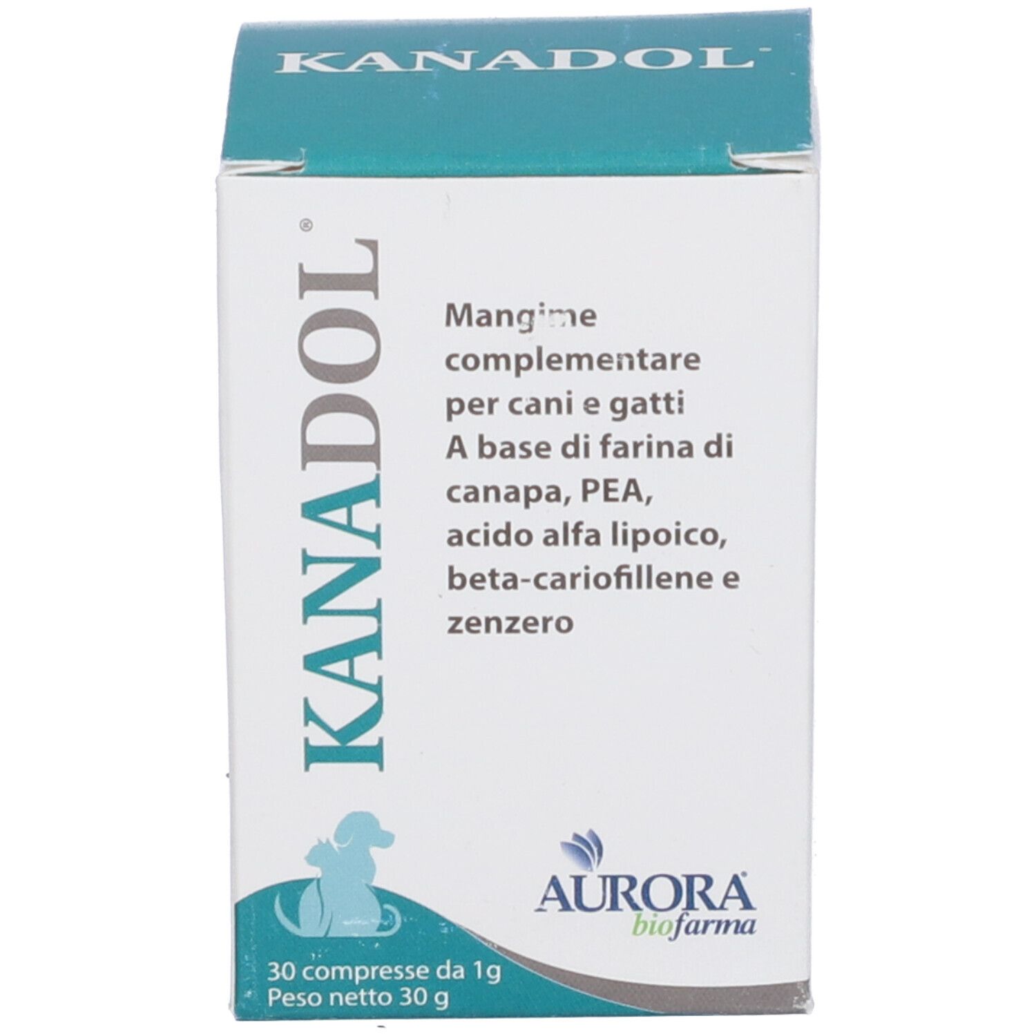 Produktverpackung. Weiße Schachtel. Aufschrift KANADOL und Aurora Biofarma. 30 Tabletten. Ergänzungsfuttermittel für Hunde und Katzen.