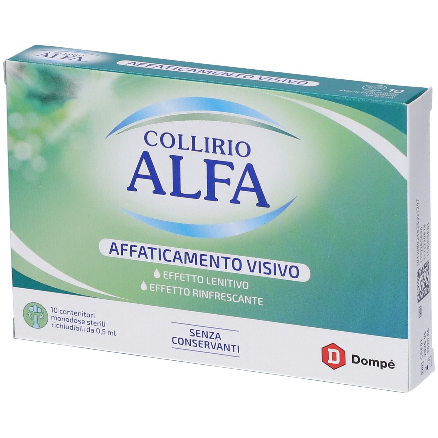 Confezione di Collirio Alfa. Scritta: Affaticamento Visivo, 10 contenitori monodose, senza conservanti. Logo Dompé.