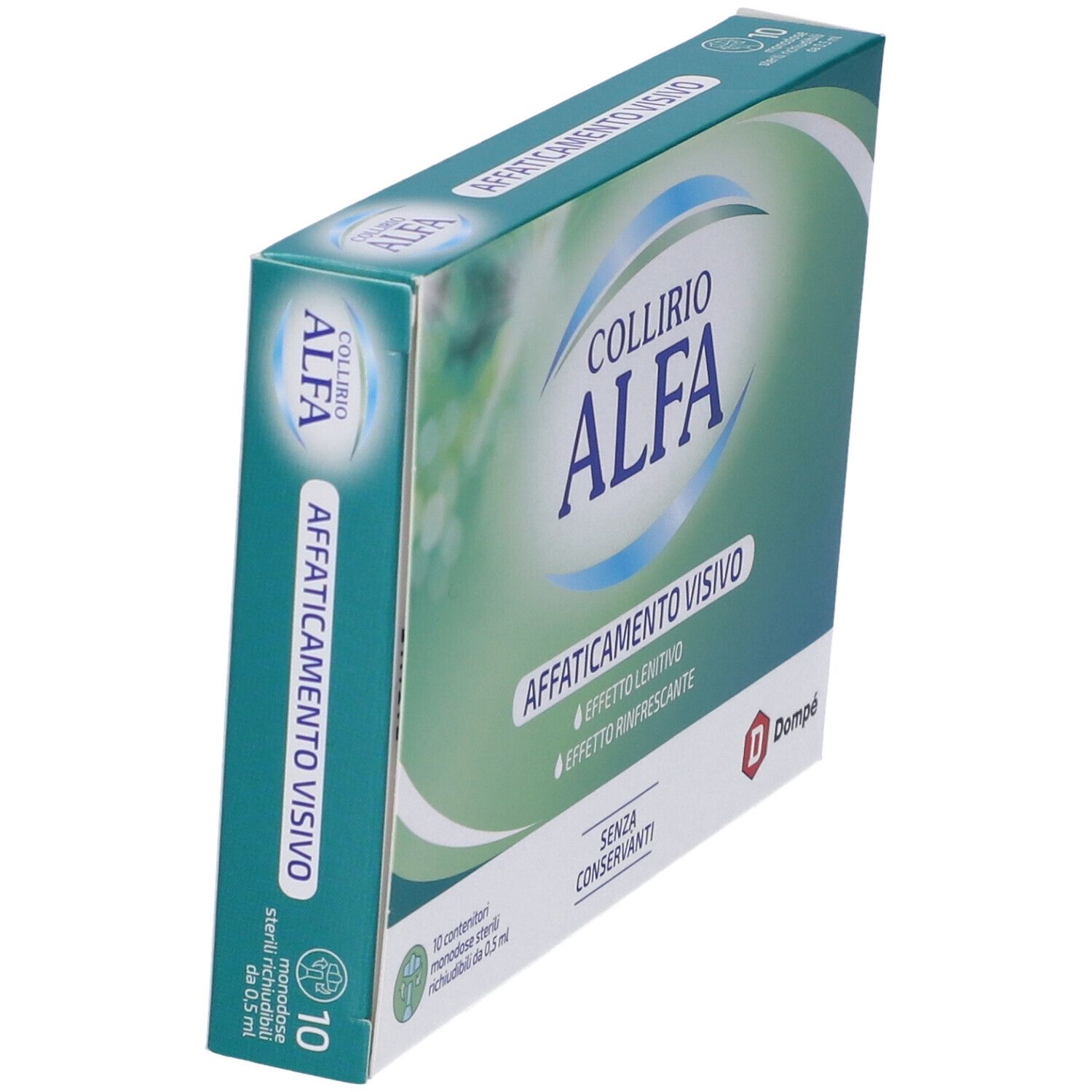 Vista angolata della confezione di Collirio Alfa. Scritta: Affaticamento Visivo, 10 monodose, senza conservanti.