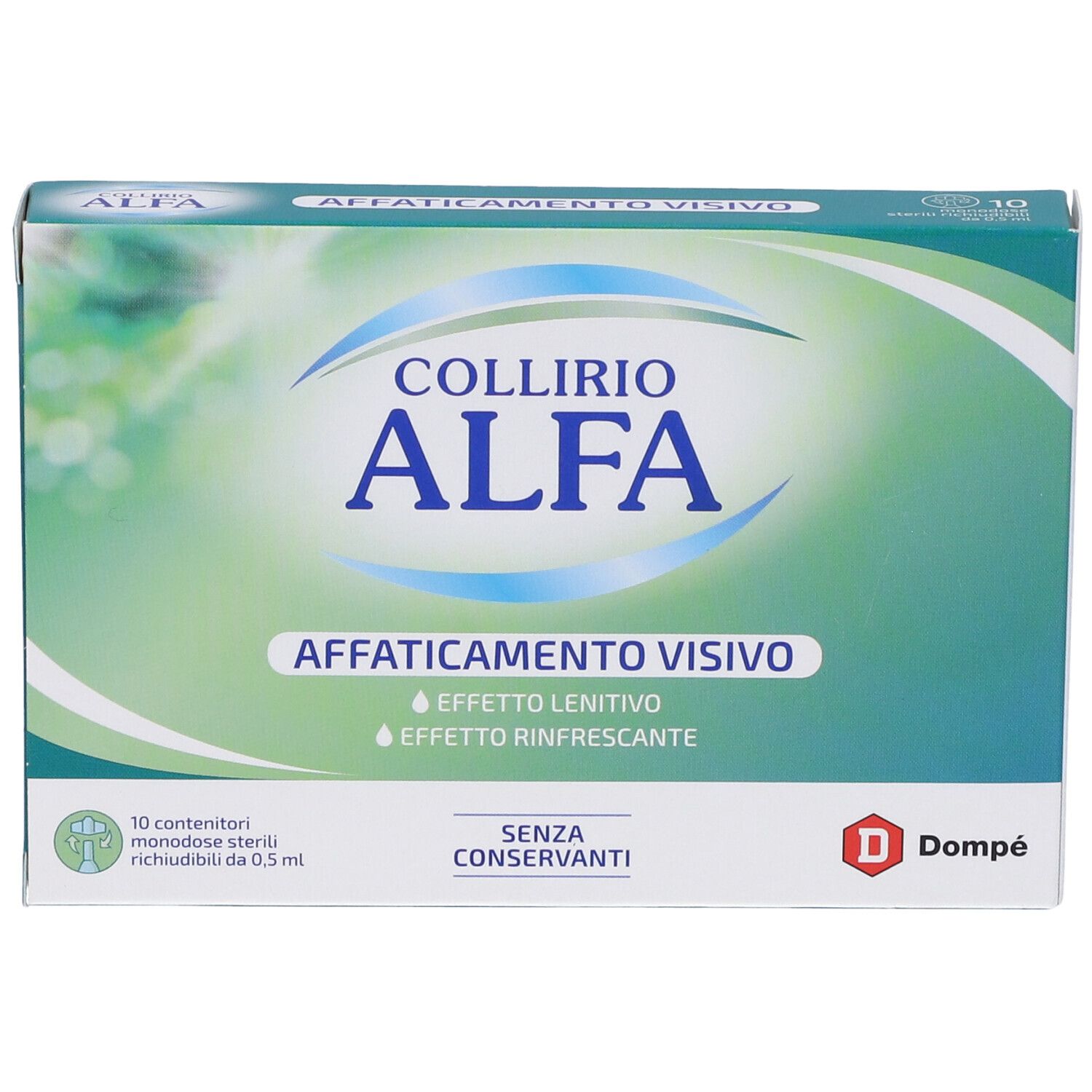 Confezione di Collirio Alfa. Scritta: Affaticamento Visivo, 10 monodose, senza conservanti. Logo Dompé.