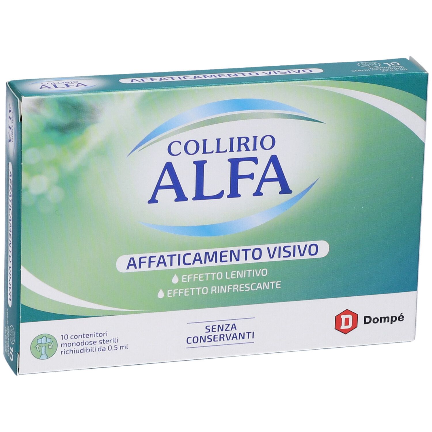Confezione di Collirio Alfa. Scritta: Affaticamento Visivo, 10 monodose, senza conservanti. Logo Dompé.