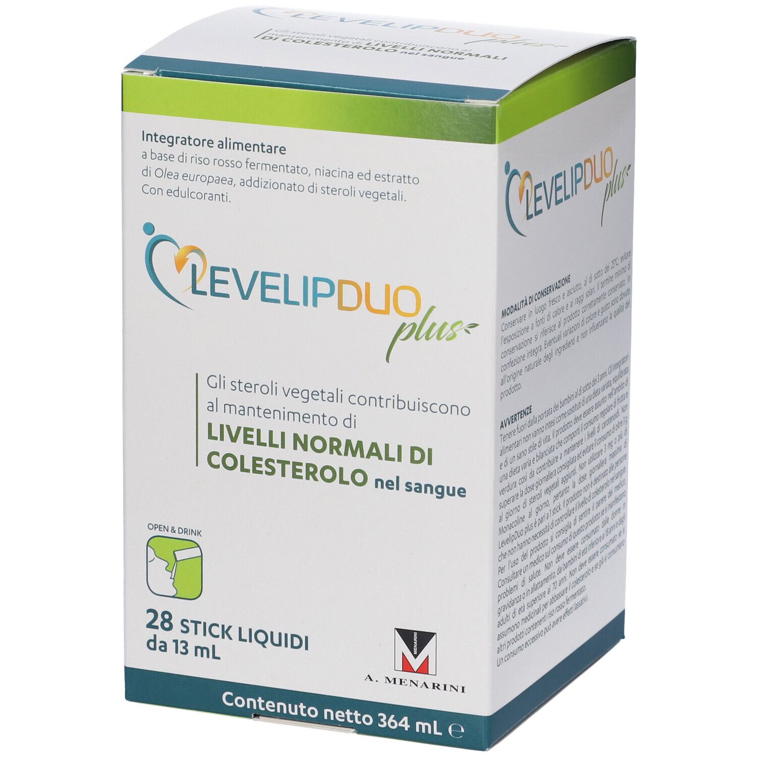Scatola LEVELIPDUO plus. Contiene 28 stick liquidi. Testo in italiano. Informazioni nutrizionali e ingredienti.