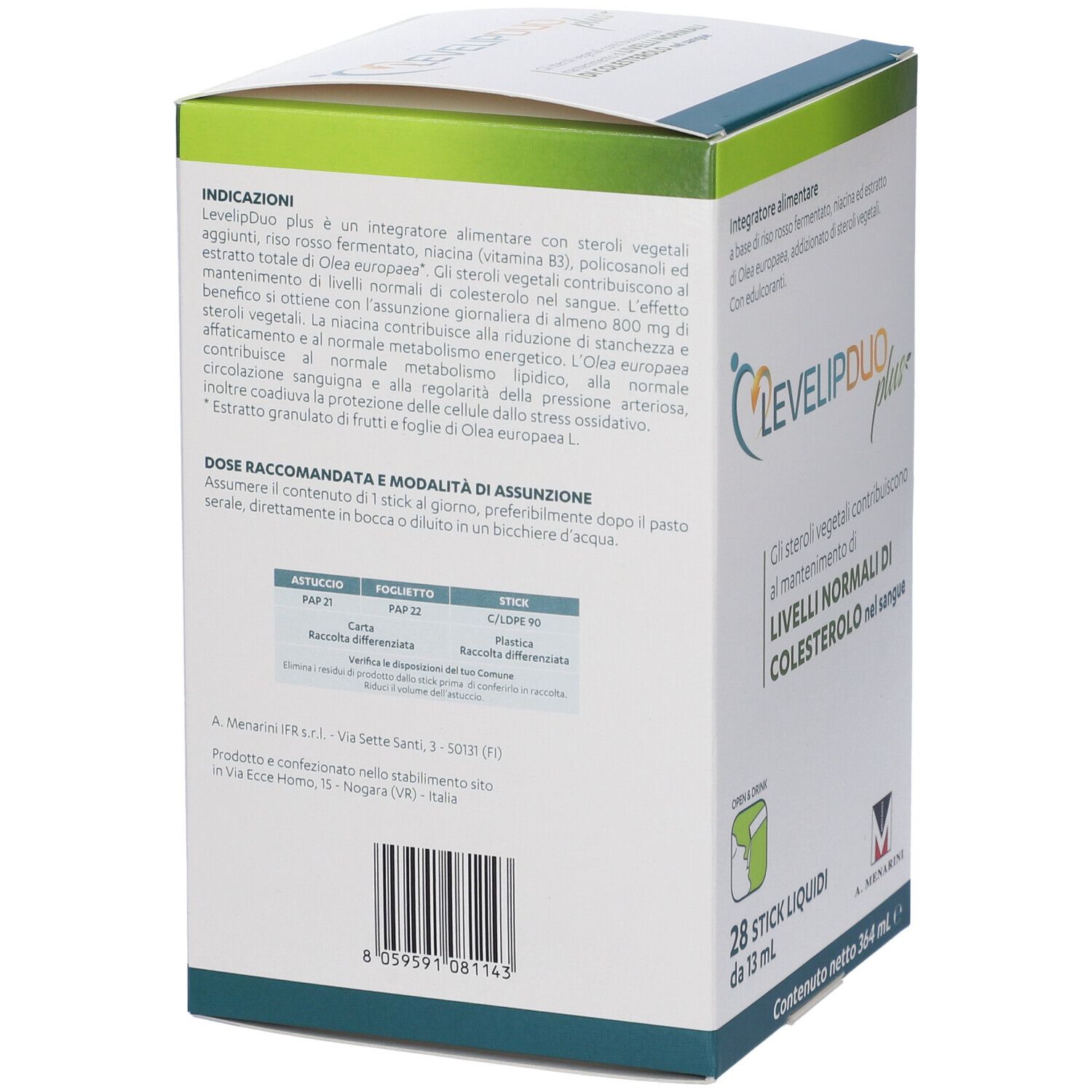 Scatola LEVELIPDUO plus, vista posteriore. Testo in italiano. Contiene 28 stick liquidi. Informazioni produttore.