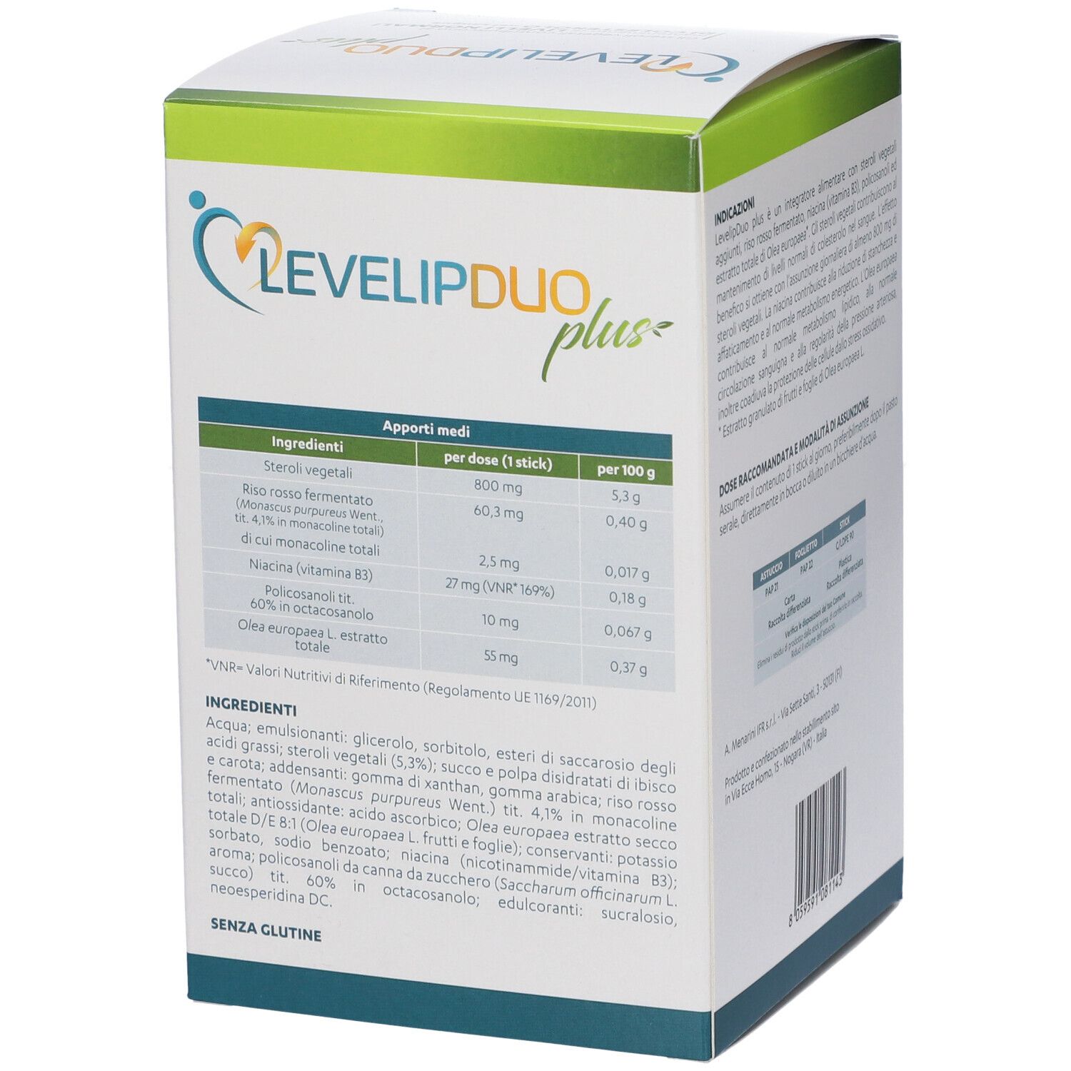 Scatola LEVELIPDUO plus, vista posteriore. Tabella nutrizionale. Contiene 28 stick liquidi. Ingredienti in italiano.
