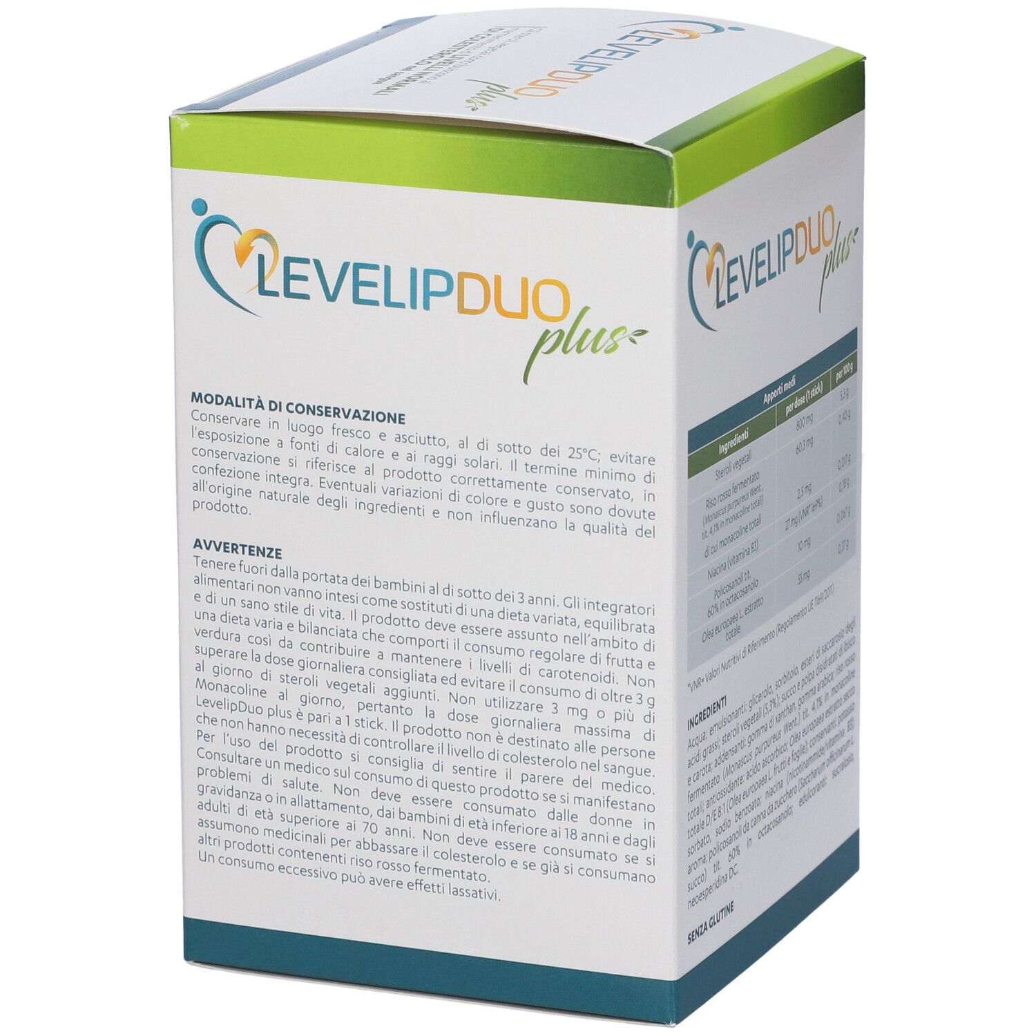 Scatola LEVELIPDUO plus, vista posteriore. Istruzioni per l'uso. Contiene 28 stick liquidi. Testo in italiano.