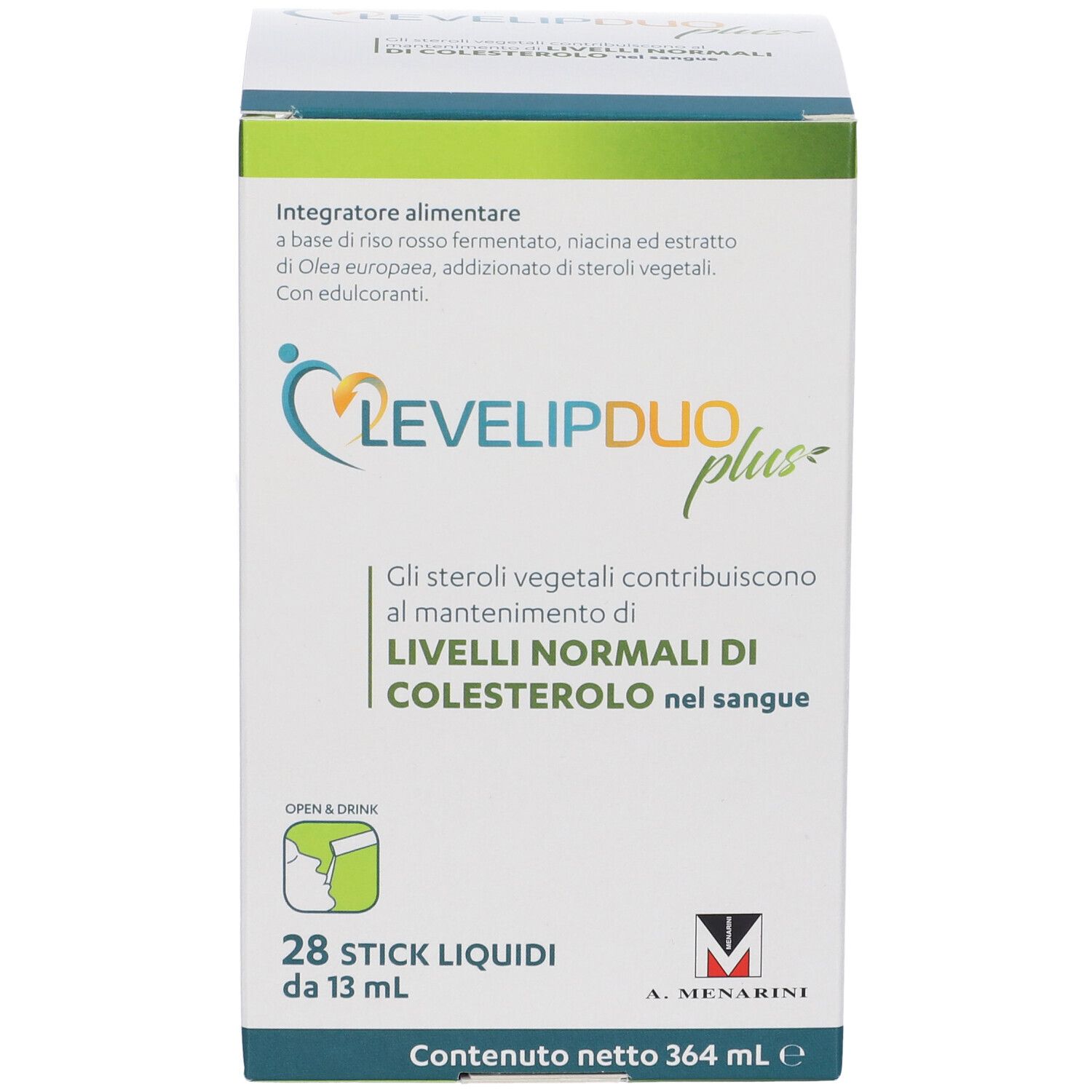Scatola LEVELIPDUO plus. Contiene 28 stick liquidi. Testo in italiano. Informazioni sul prodotto.
