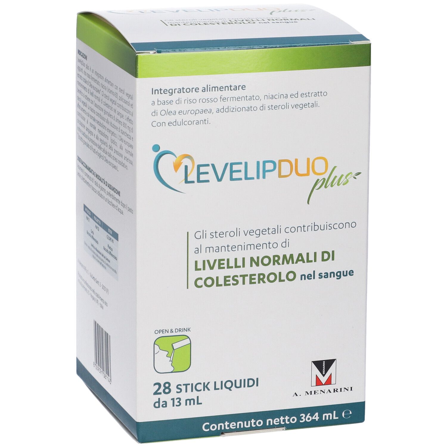 Scatola LEVELIPDUO plus. Contiene 28 stick liquidi. Testo in italiano. Informazioni sul prodotto.