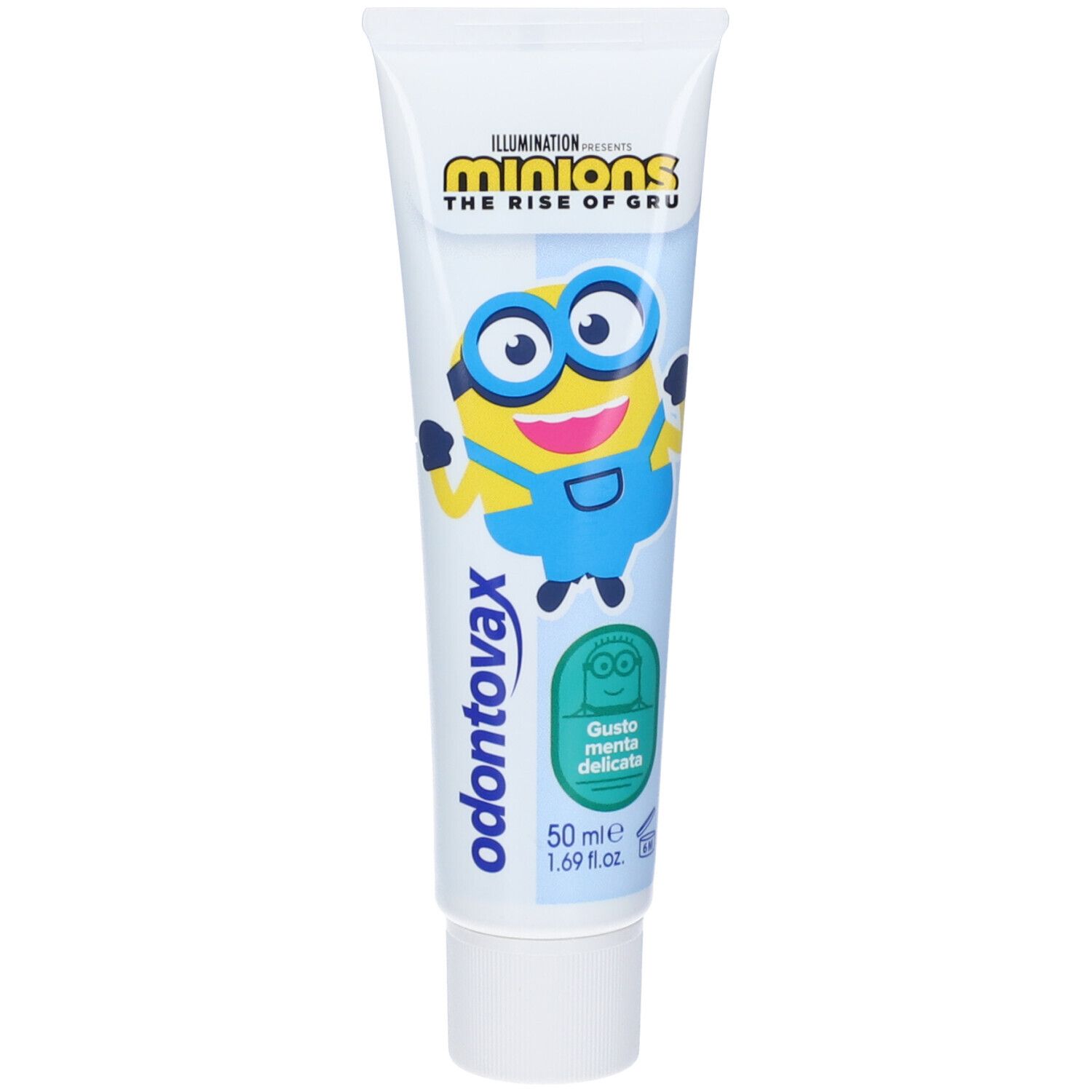 Tubo di dentifricio Odontovax Minions. Tappo blu, sfondo bianco. Scritta: Odontovax, Minions, gusto menta.