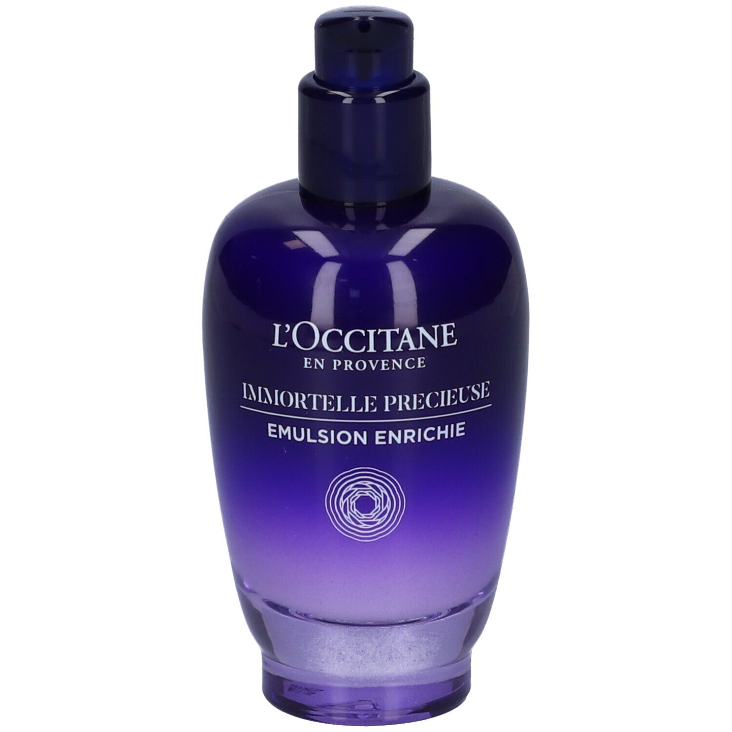 Flacone blu-viola con dosatore. Scritte: L'Occitane, Immortelle Précieuse, Emulsion Enrichie.