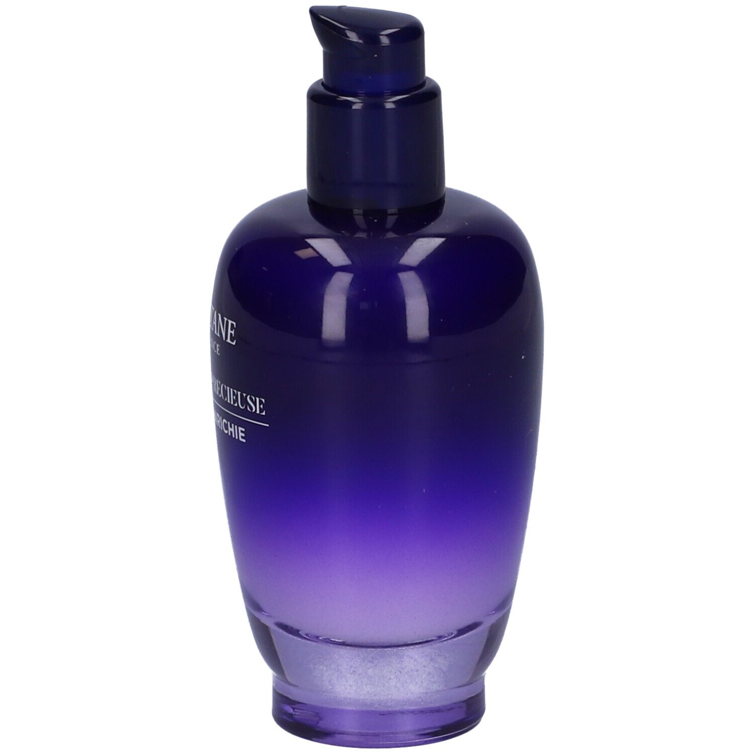 Flacone blu-viola con dosatore. Scritte: L'Occitane, Immortelle Précieuse, Emulsion Enrichie.