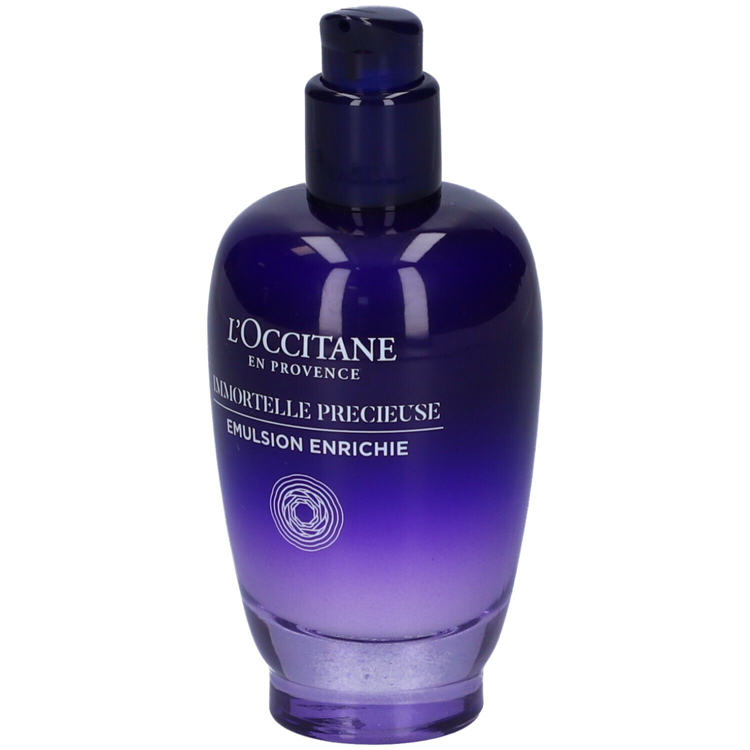 Flacone blu-viola con dosatore. Scritte: L'Occitane, Immortelle Précieuse, Emulsion Enrichie.
