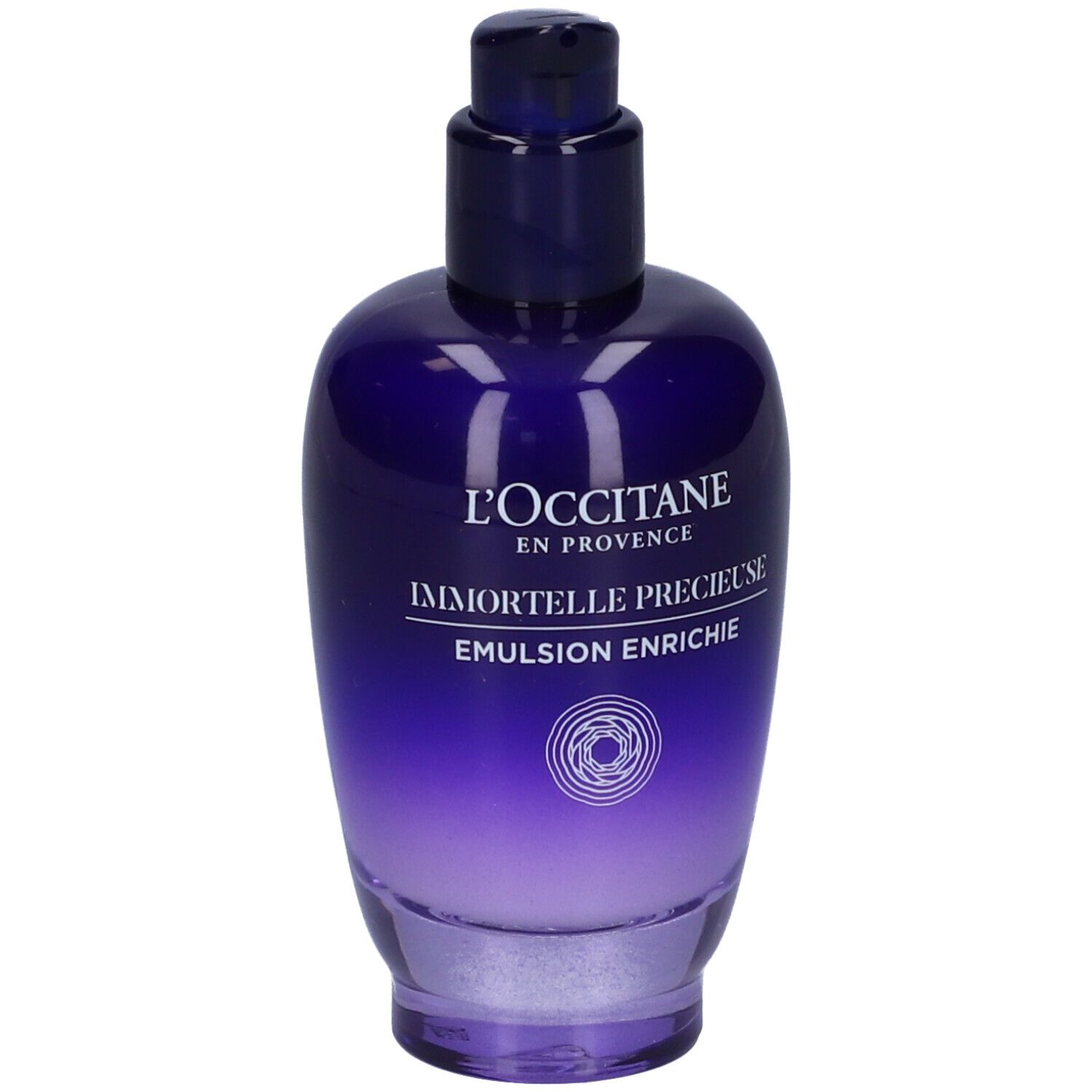 Flacone blu-viola con dosatore. Scritte: L'Occitane, Immortelle Précieuse, Emulsion Enrichie.