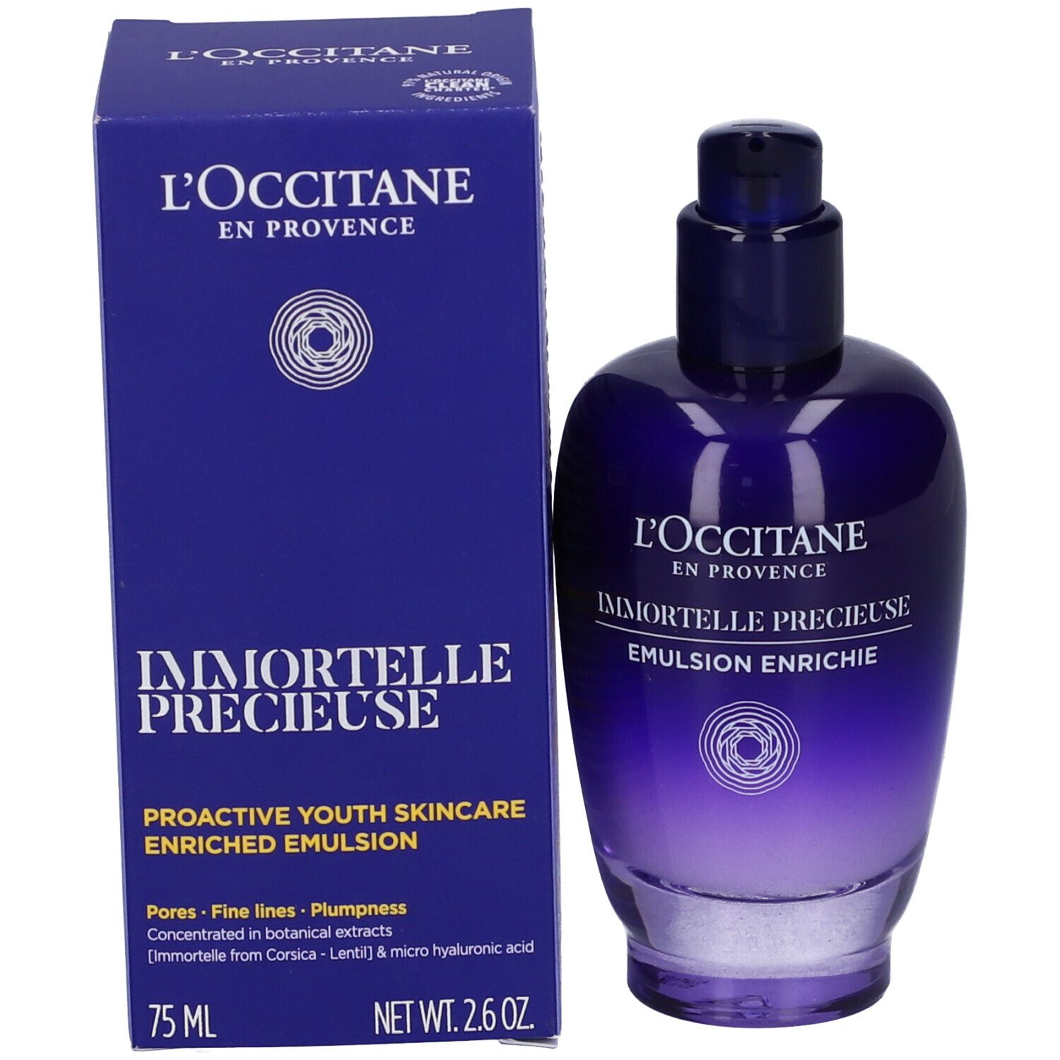 Flacone e confezione. Scritte: L'Occitane, Immortelle Précieuse, Emulsion Enrichie. 75 ml, 2.6 OZ.