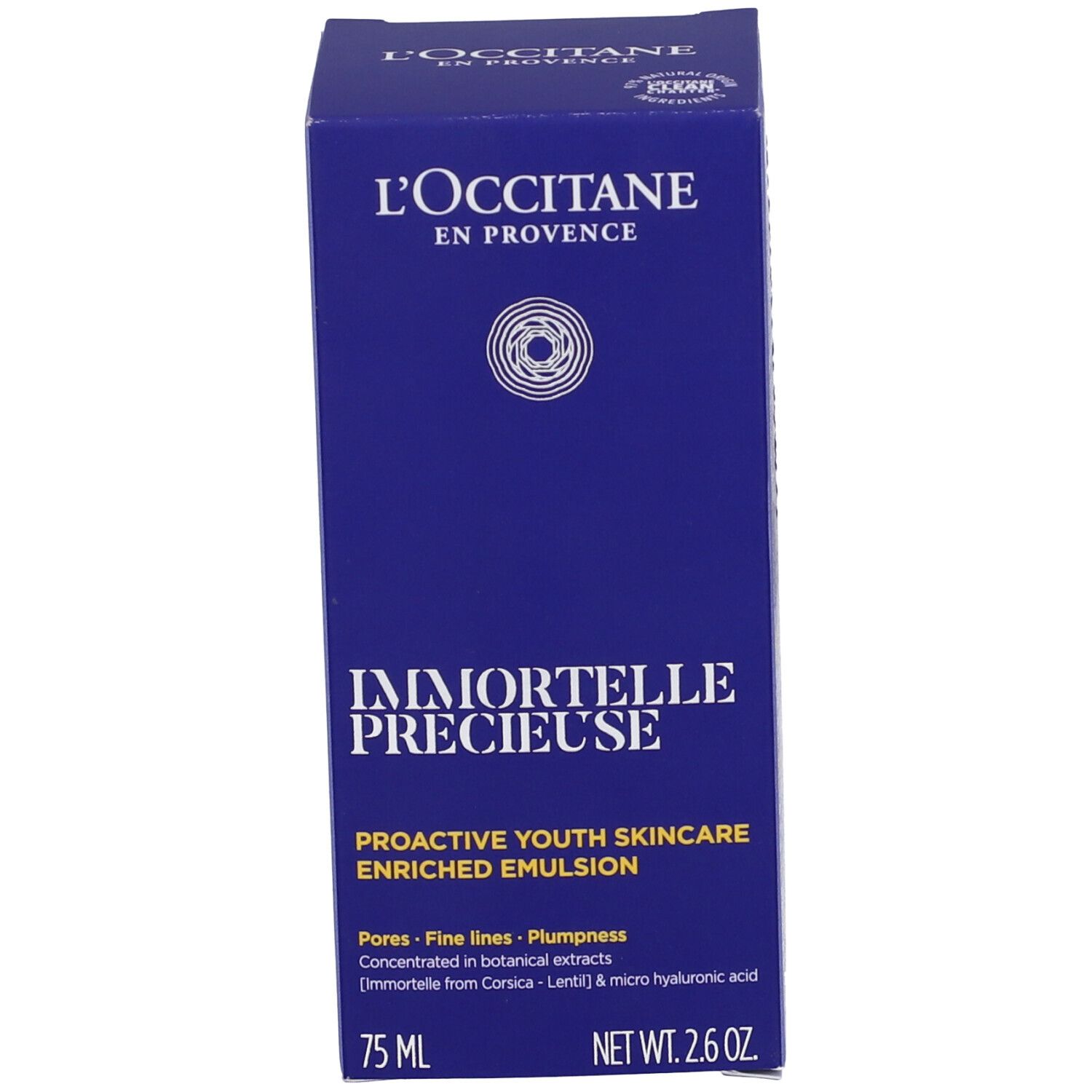 Confezione blu. Scritte: L'Occitane, Immortelle Précieuse, Emulsion Enrichie. 75 ml, NET WT. 2.6 OZ.