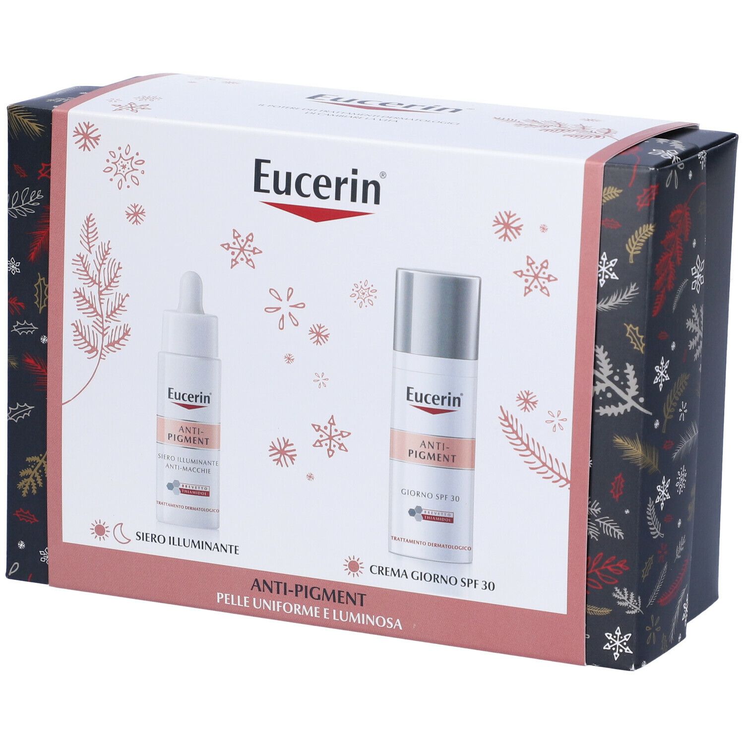 Confezione regalo Eucerin Anti-Pigment con siero e crema giorno SPF 30. Design con fiocchi di neve.