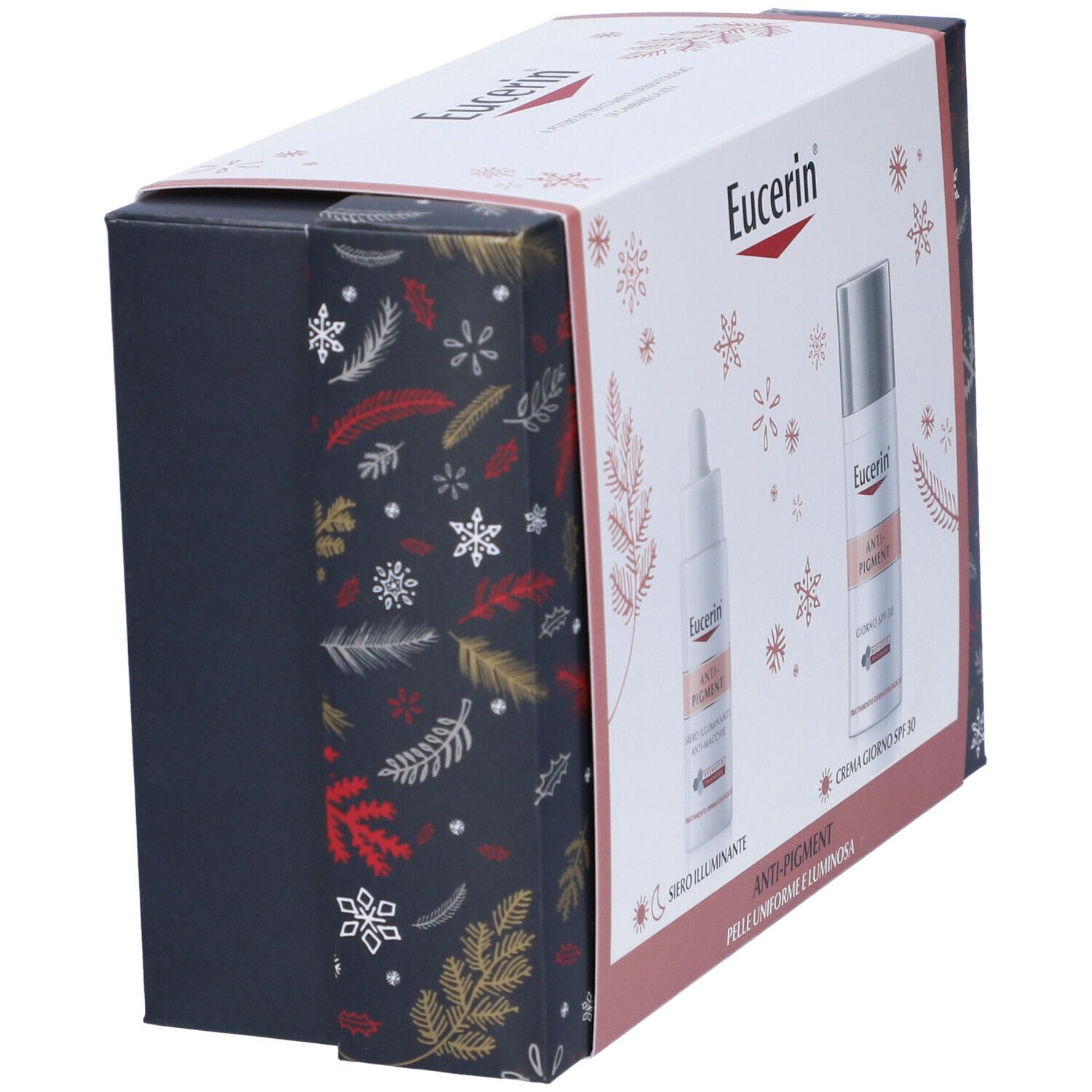 Vista obliqua della confezione regalo Eucerin Anti-Pigment. Design con fiocchi e foglie. Contiene siero e crema.