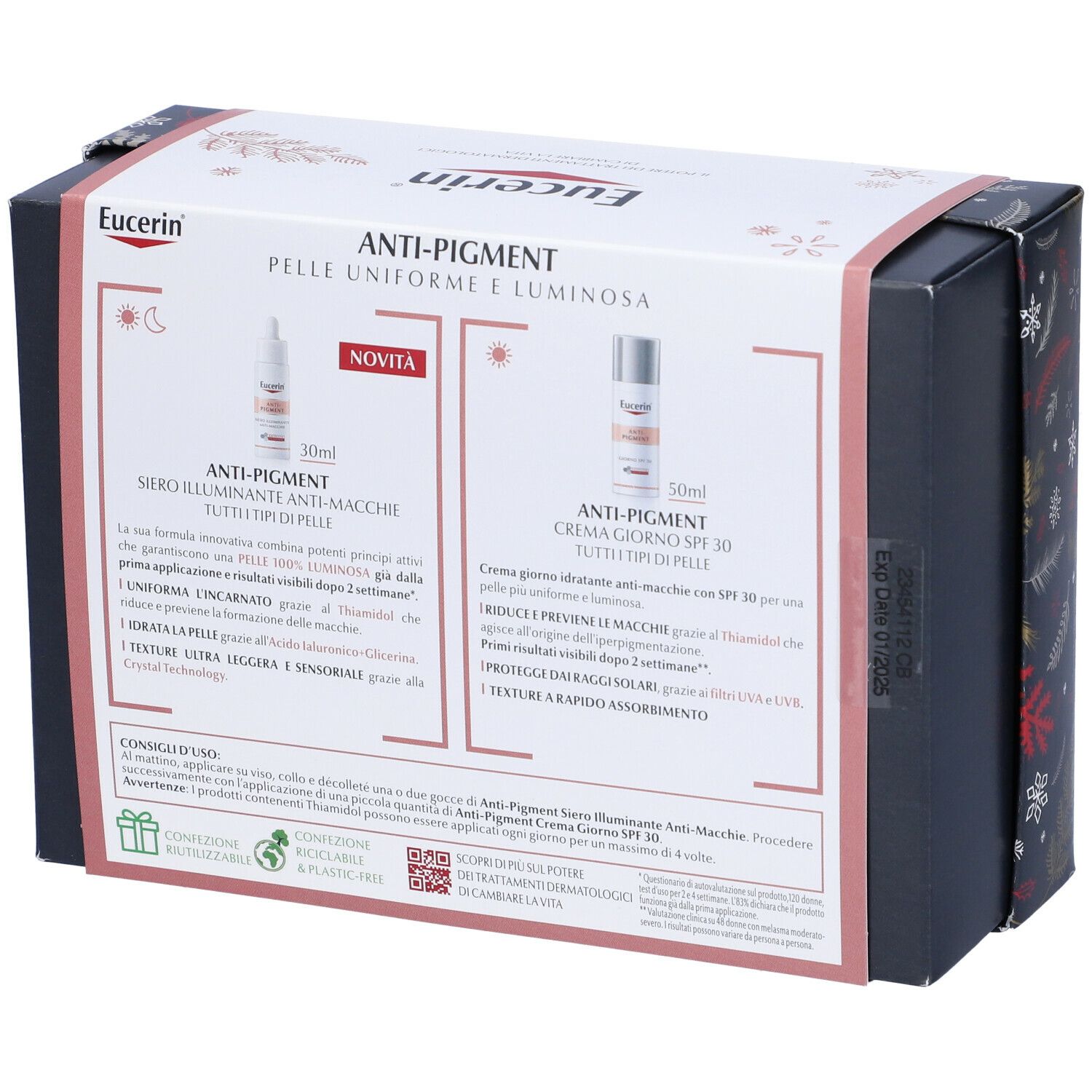 Retro della confezione regalo Eucerin Anti-Pigment. Contiene siero e crema. Informazioni prodotto in italiano.