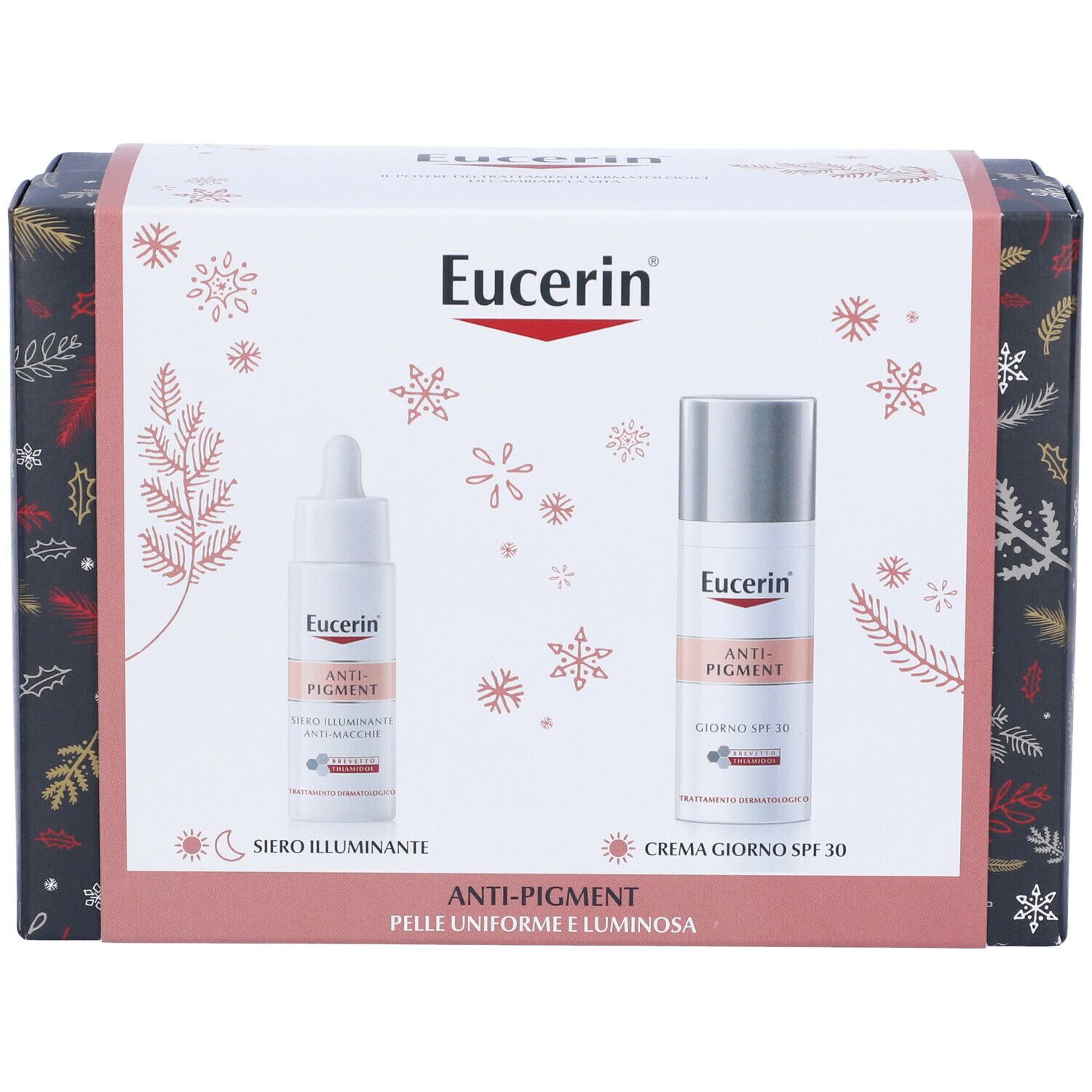 Confezione regalo Eucerin Anti-Pigment con siero e crema giorno SPF 30. Design con fiocchi di neve. Prodotti visibili.