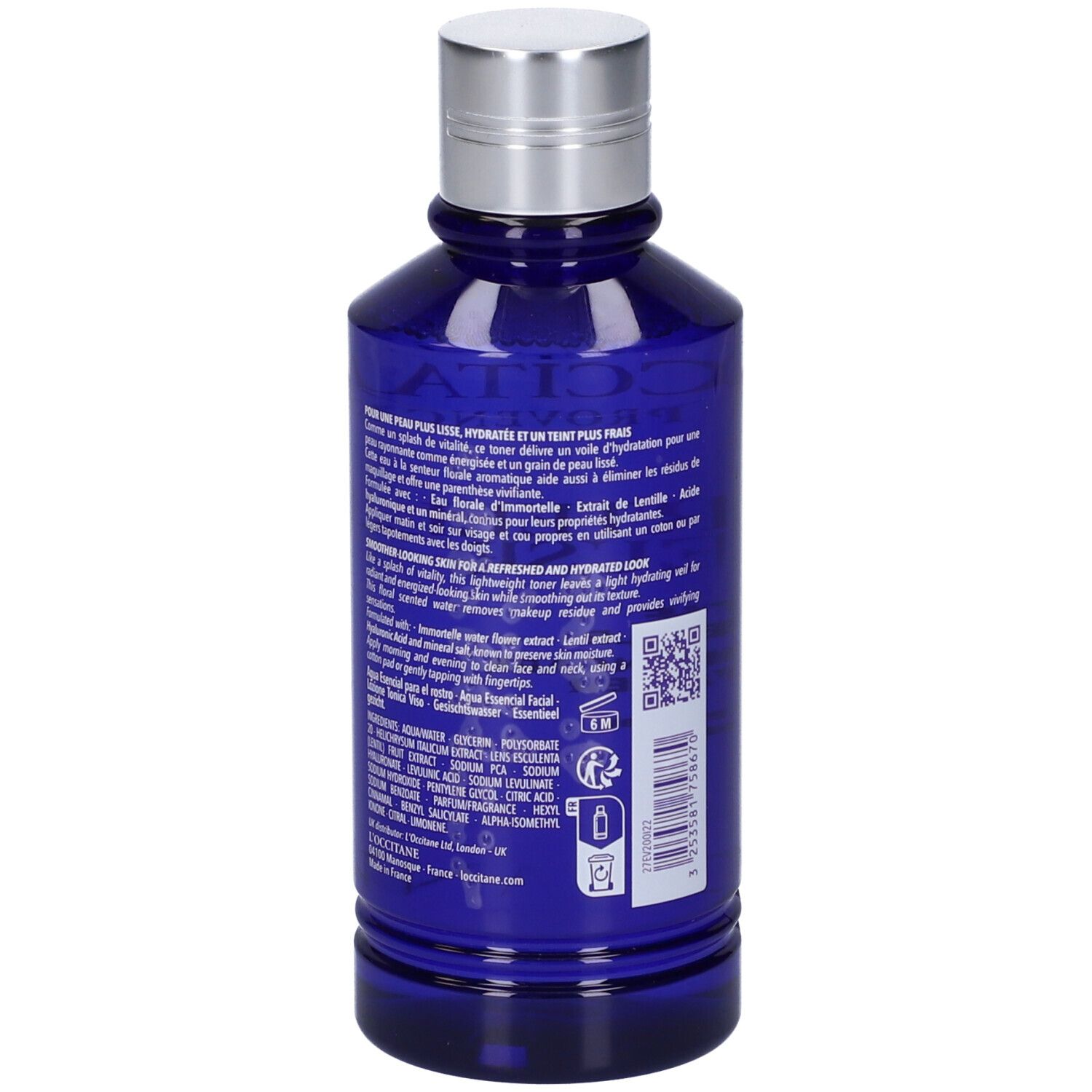 Blaue Flasche mit silbernem Deckel. Rückseite mit Text und QR-Code. Aufschrift: L'Occitane, 200 ml.