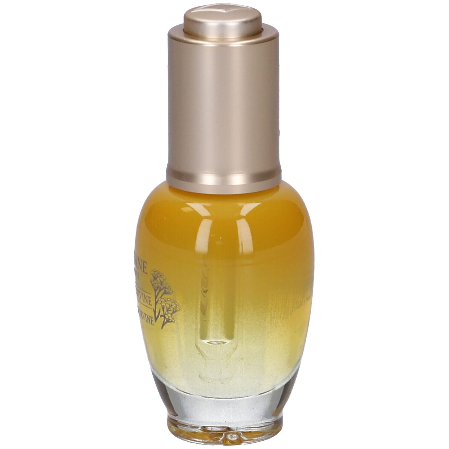 Flacone giallo trasparente, tappo dorato e pipetta. Scritte: Immortelle Divine, Huile Jeunesse Divine.