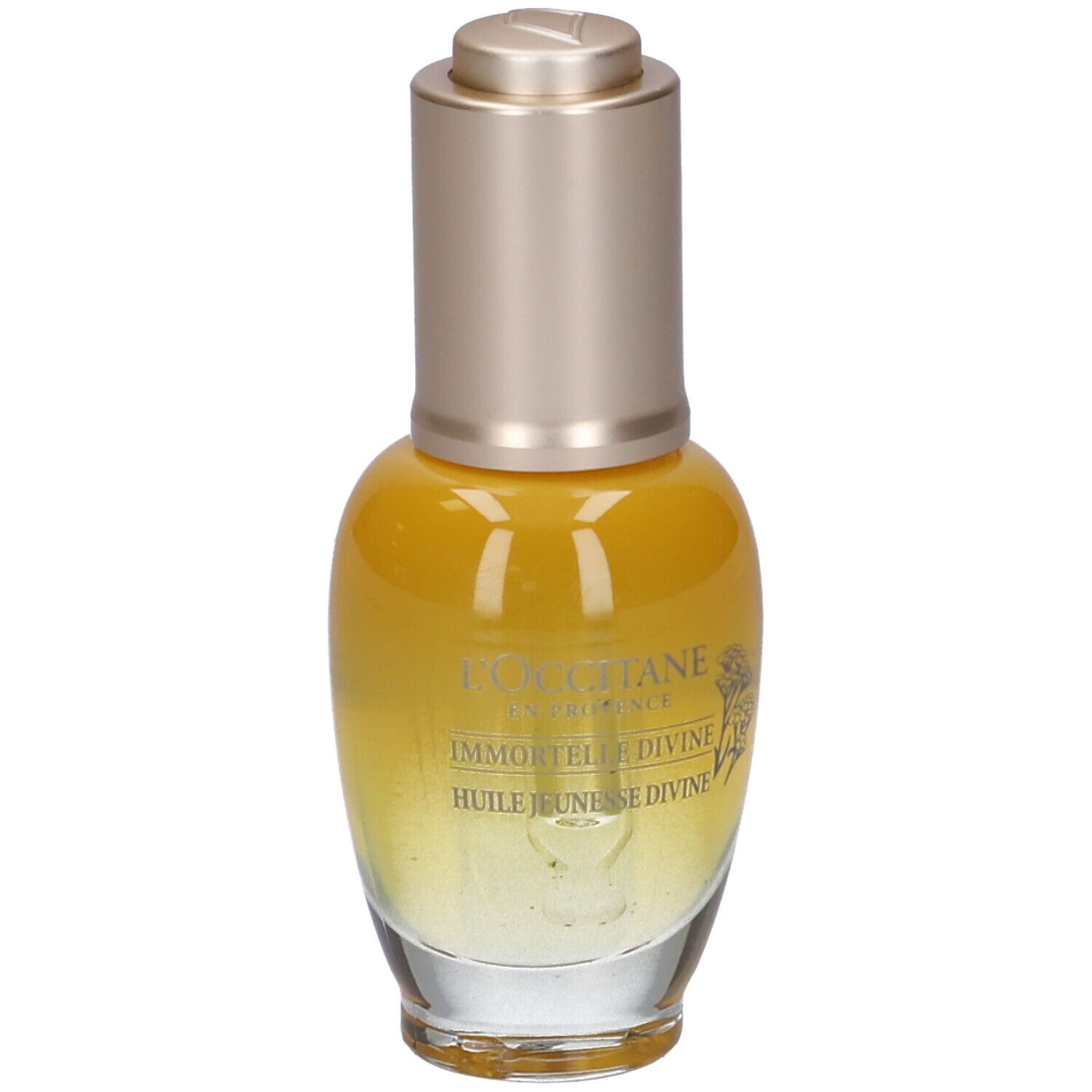 Flacone giallo trasparente, tappo dorato e pipetta. Scritte: L'Occitane, Immortelle Divine, Huile Jeunesse Divine.