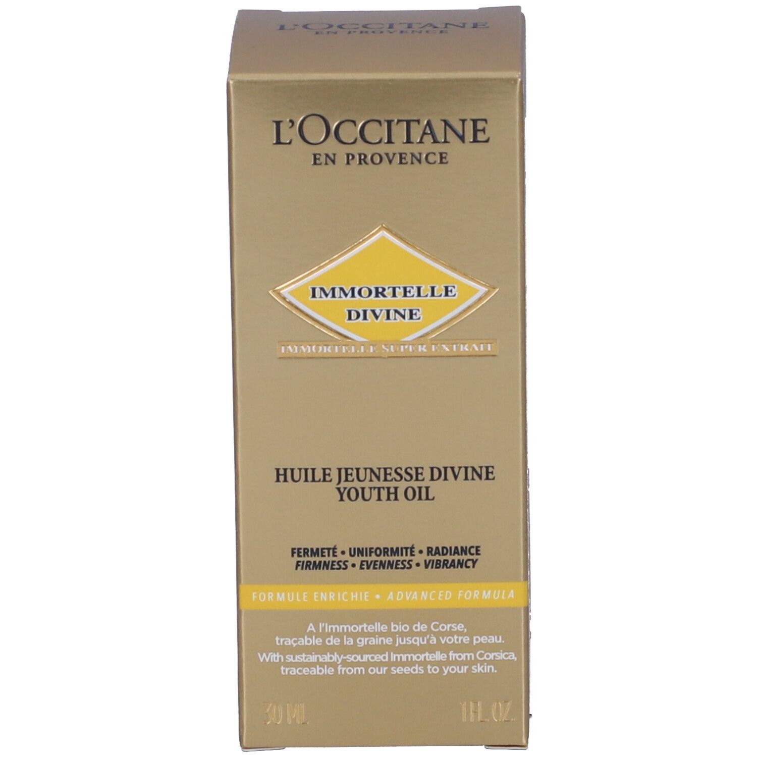 Confezione dorata con nome del prodotto e logo. Scritte: Huile Jeunesse Divine, Youth Oil.