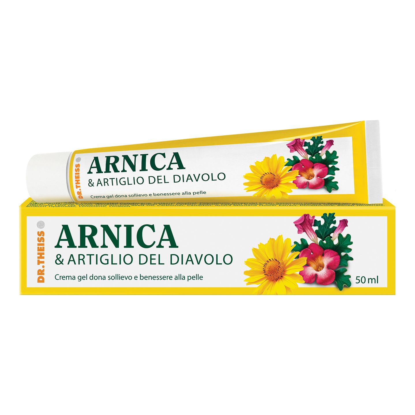 Tubo e scatola di crema gel. Scritta: Arnica & Artiglio del Diavolo. Gel per il benessere della pelle. Confezione gialla con fiori.