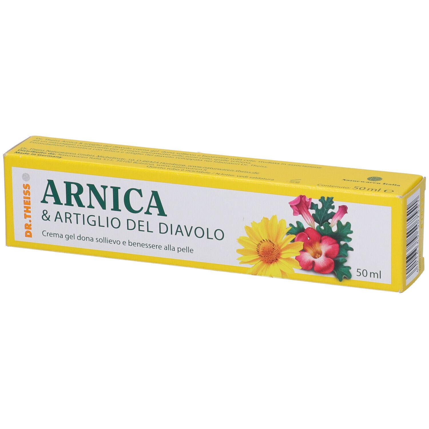 Scatola di crema gel. Scritta: Arnica & Artiglio del Diavolo. Gel per il benessere della pelle. Confezione gialla con fiori e 50ml.