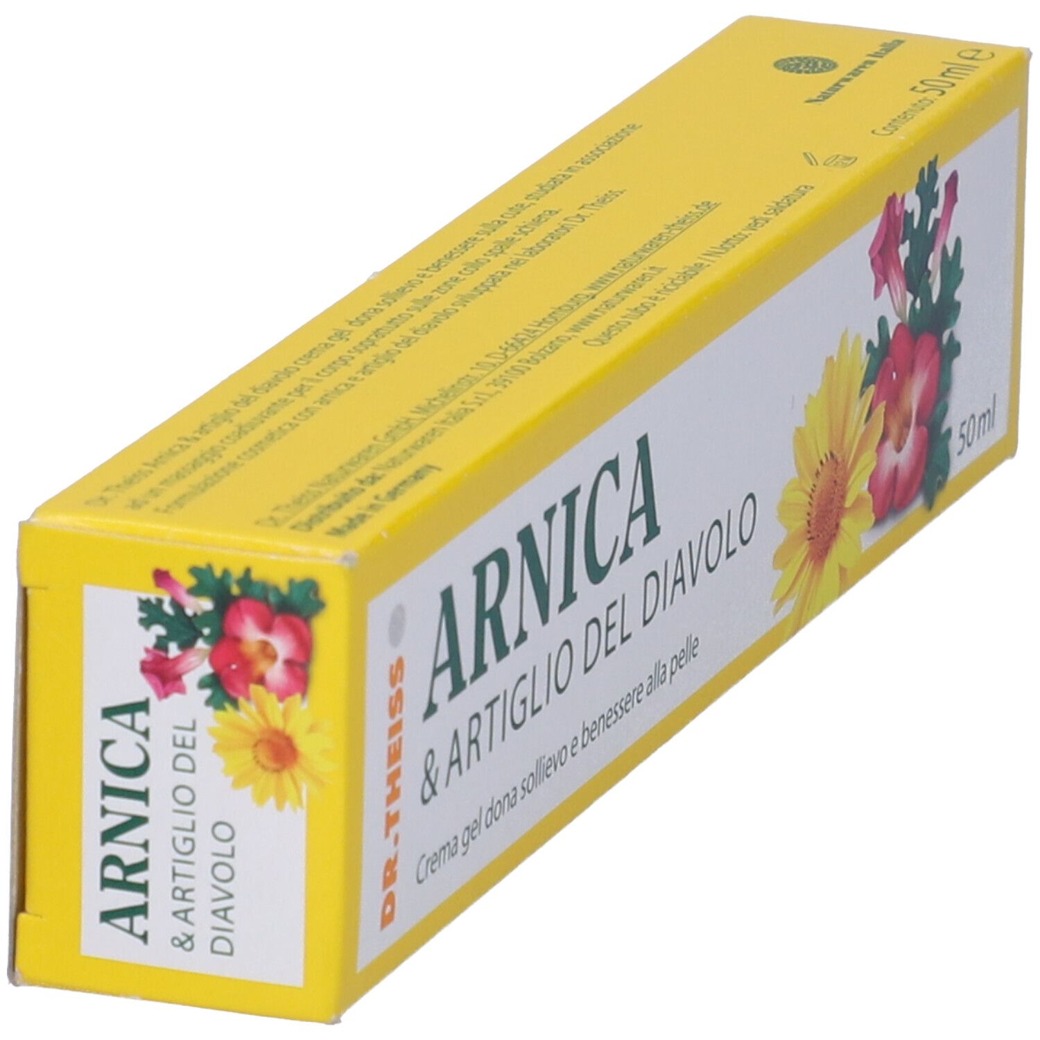 Scatola di crema gel. Scritta: Arnica & Artiglio del Diavolo. Gel per il benessere della pelle. Confezione gialla con fiori e 50ml.