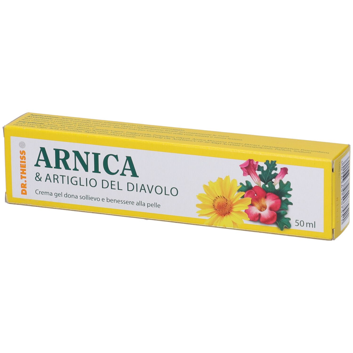 Scatola di crema gel. Scritta: Arnica & Artiglio del Diavolo. Gel per il benessere della pelle. Confezione gialla con fiori e 50ml.