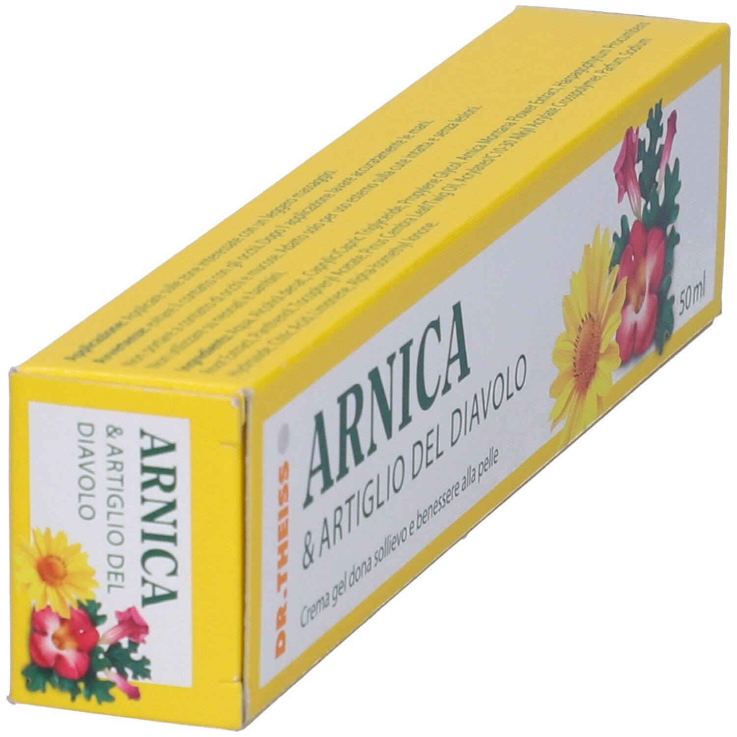 Scatola di crema gel. Scritta: Arnica & Artiglio del Diavolo. Gel per il benessere della pelle. Confezione gialla con fiori e 50ml.