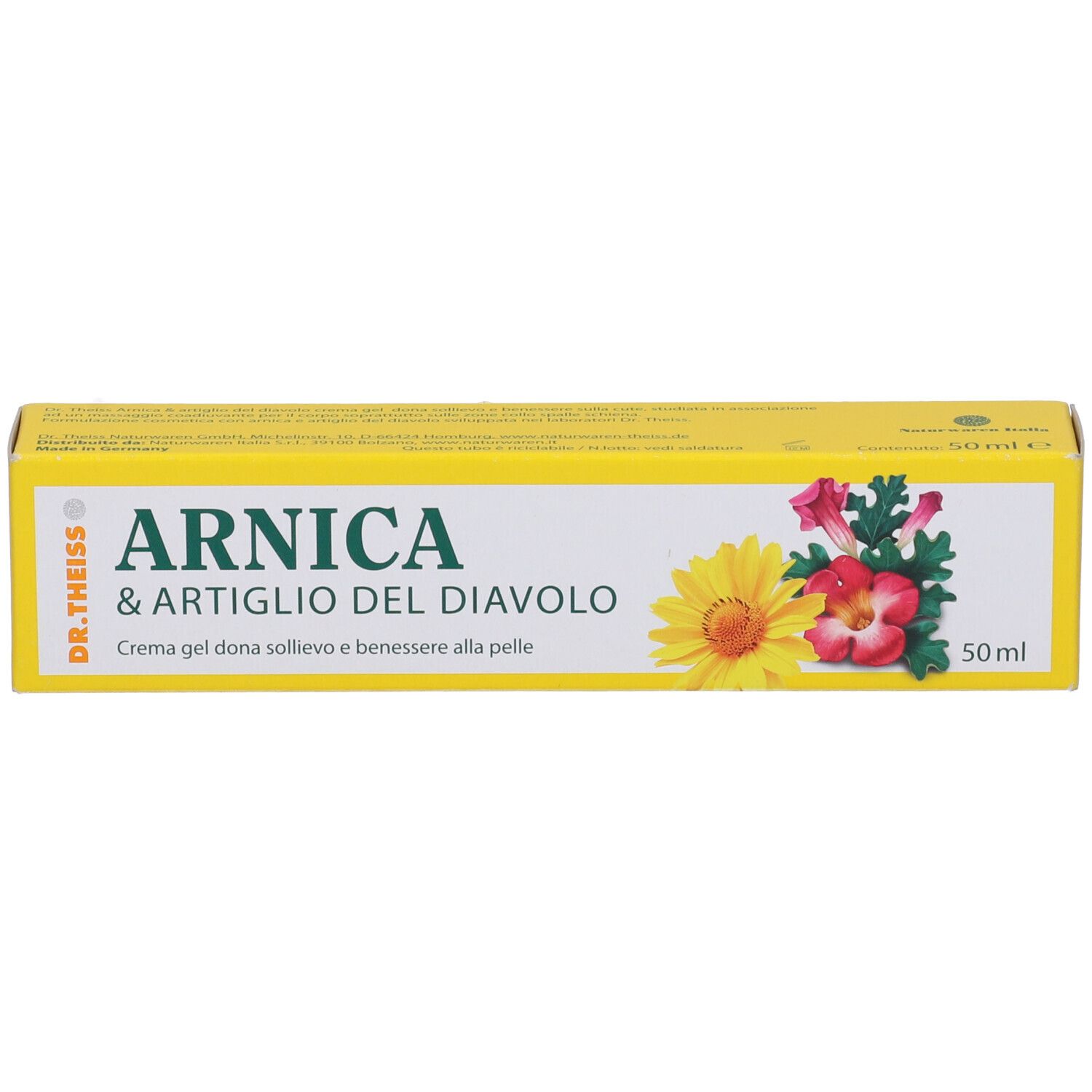 Scatola di crema gel. Scritta: Arnica & Artiglio del Diavolo. Gel per il benessere della pelle. Confezione gialla con fiori e 50ml.