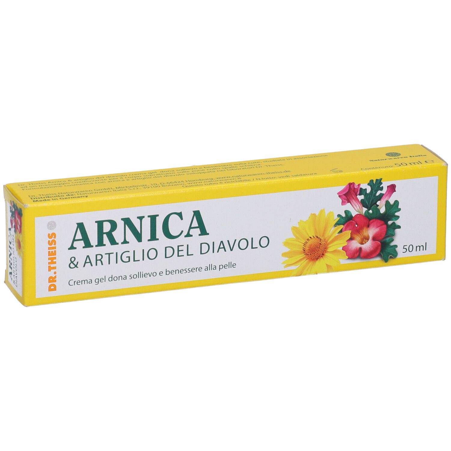 Scatola di crema gel. Scritta: Arnica & Artiglio del Diavolo. Gel per il benessere della pelle. Confezione gialla con fiori e 50ml.