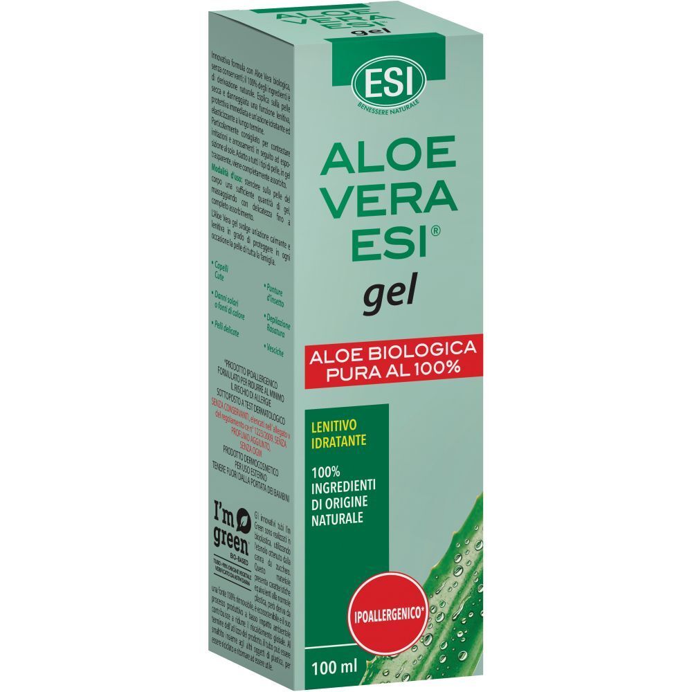 Confezione verde con nome e logo del prodotto. Testo: Aloe Vera ESI gel, Aloe biologica pura al 100%. Adesivo rosso: ipoallergenico.