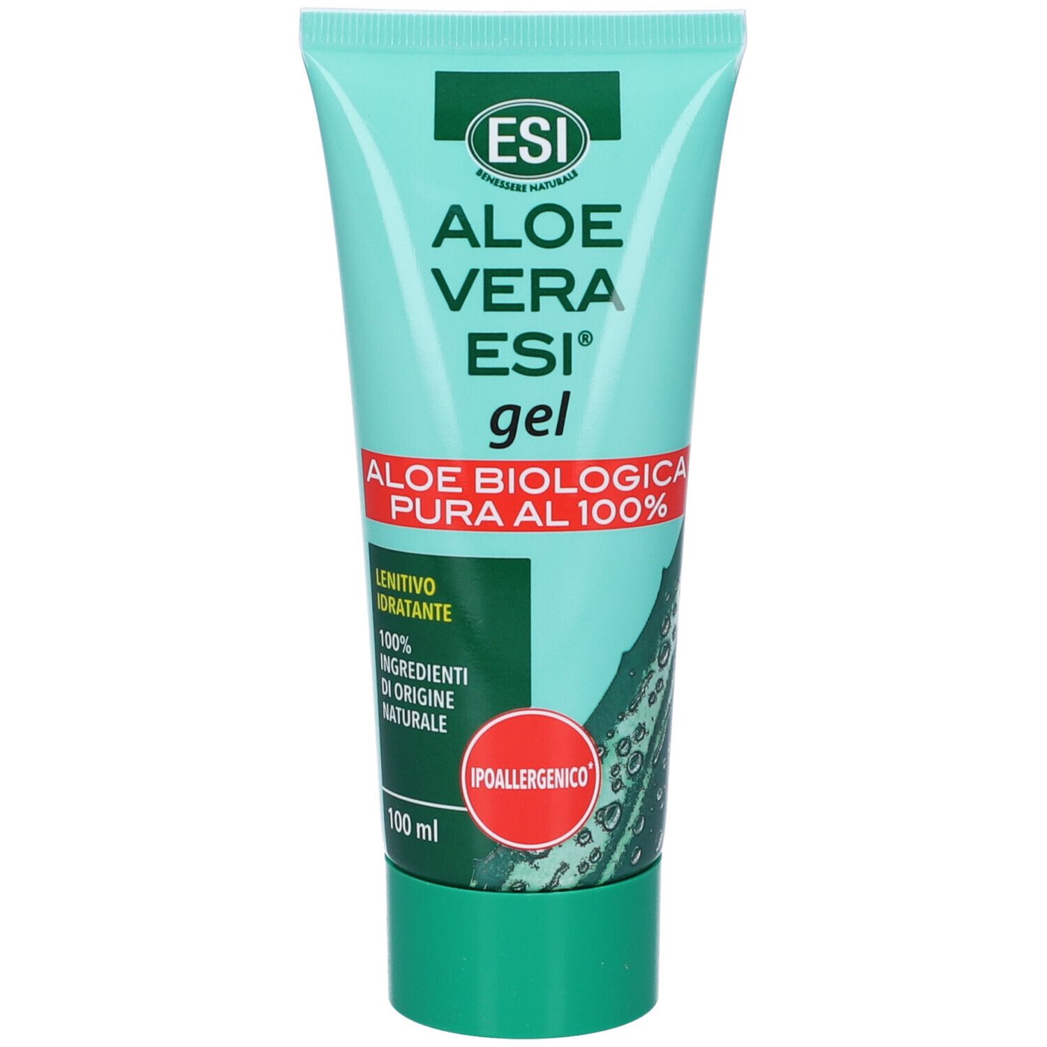 Tubo turchese con tappo verde. Nome e logo del prodotto. Testo: Aloe Vera ESI gel, Aloe biologica pura al 100%. Adesivo rosso: ipoallergenico.