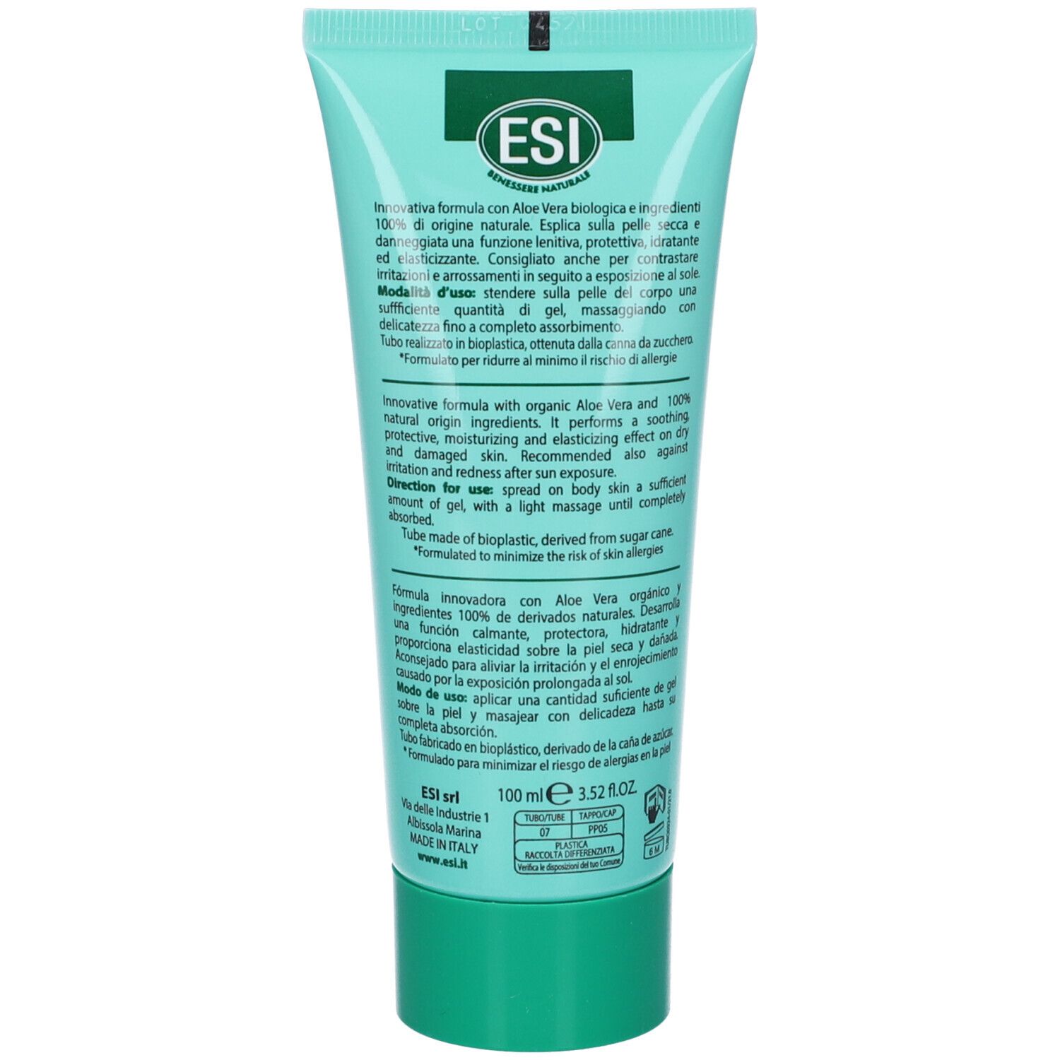 Retro del tubo. Testo multilingue. Contiene informazioni sugli ingredienti e l'uso. Sfondo verde con design ad acqua.