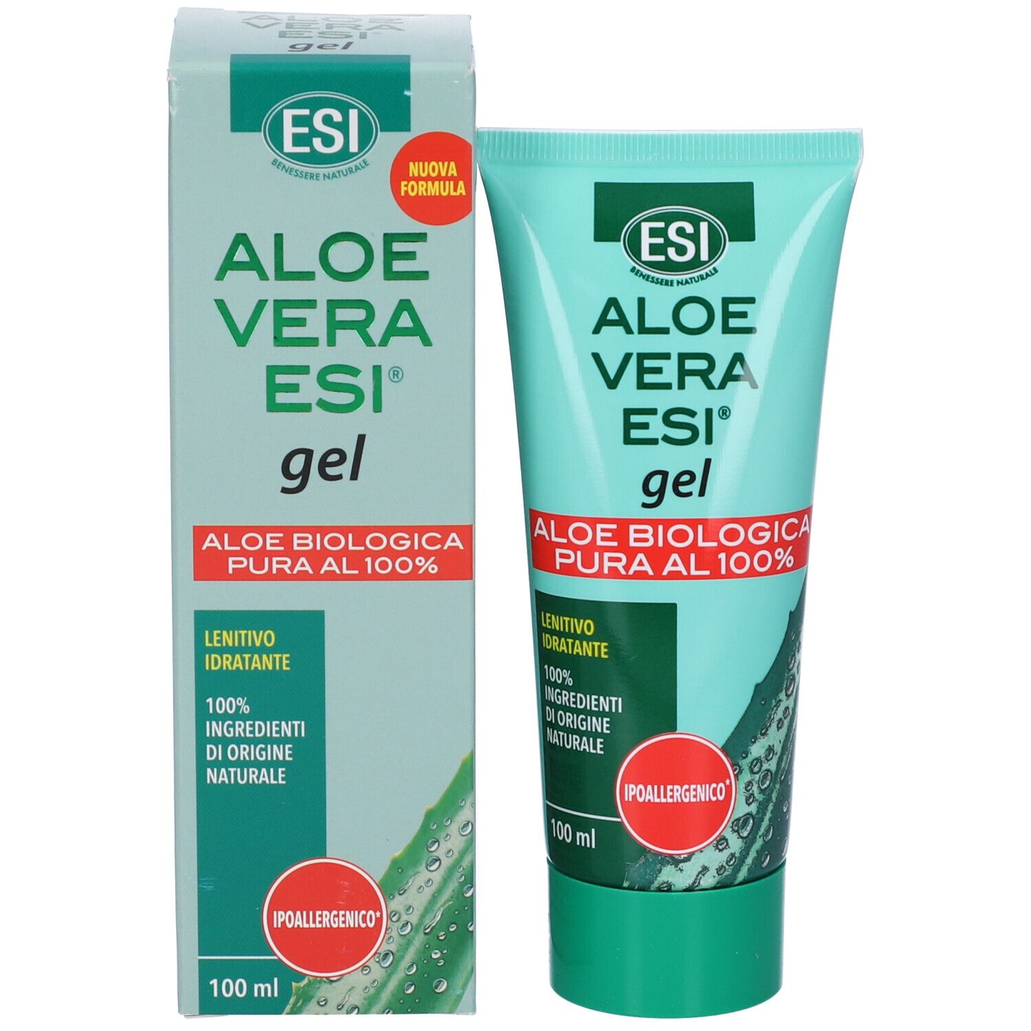Prodotto e confezione affiancati. Tubo e scatola. Testo: Aloe Vera ESI gel, Aloe biologica pura al 100%. Adesivo rosso: ipoallergenico.