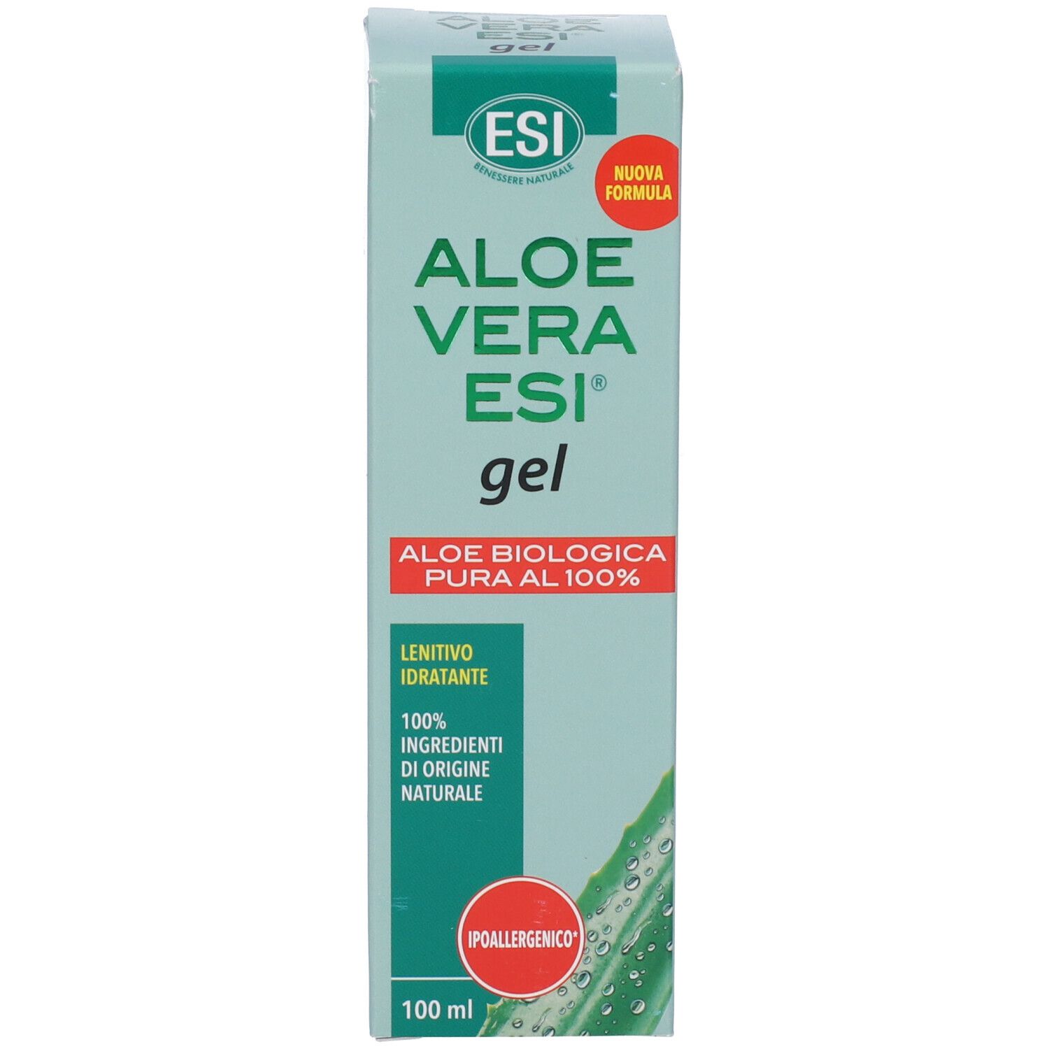 Confezione verde. Testo: Aloe Vera ESI gel, Aloe biologica pura al 100%. Adesivo rosso: ipoallergenico. Adesivo nuova formula.