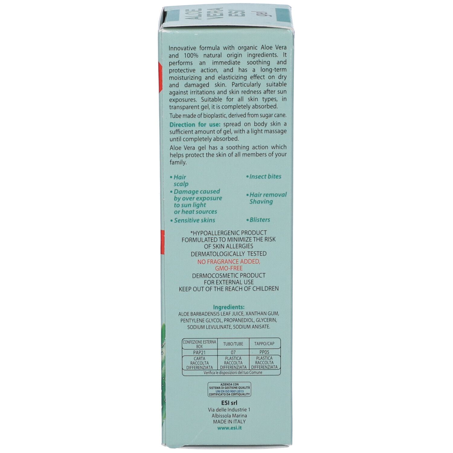 Retro della confezione. Testo multilingue. Contiene informazioni sugli ingredienti e l'uso. Sfondo verde.