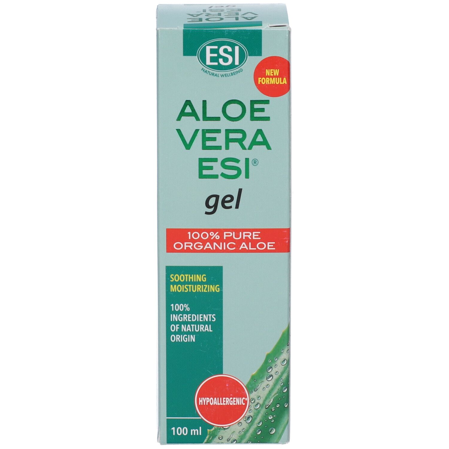 Confezione verde. Testo: Aloe Vera ESI gel, 100% Pure Organic Aloe. Adesivo rosso: Hypoallergenico.