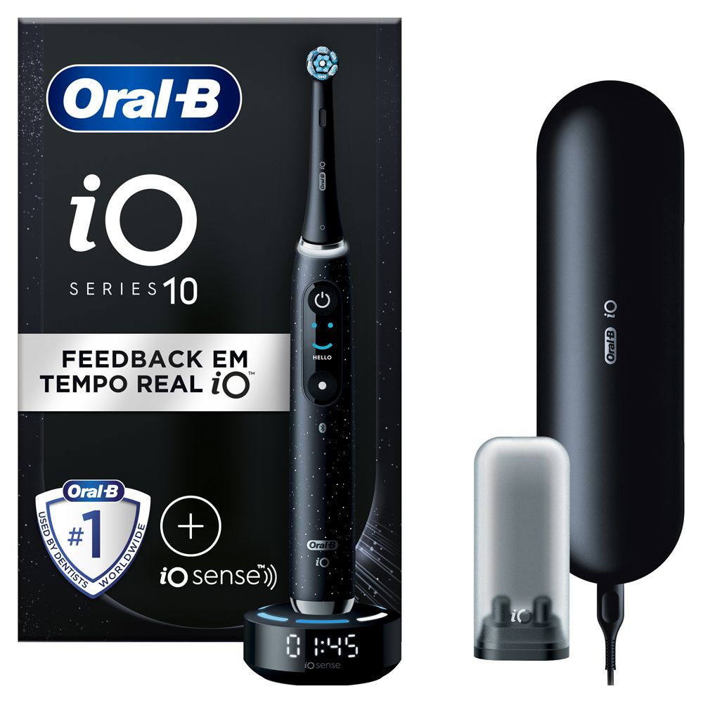 Spazzolino elettrico nero con base di ricarica, custodia da viaggio e testina. Oral-B iO Series 10.