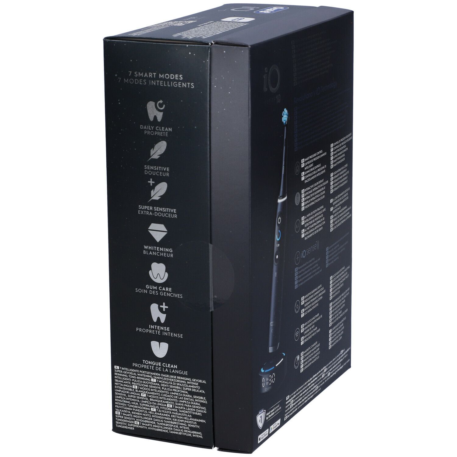 Confezione dello spazzolino elettrico nero. Oral-B iO Series 10, Cosmic Black. Con base di ricarica.