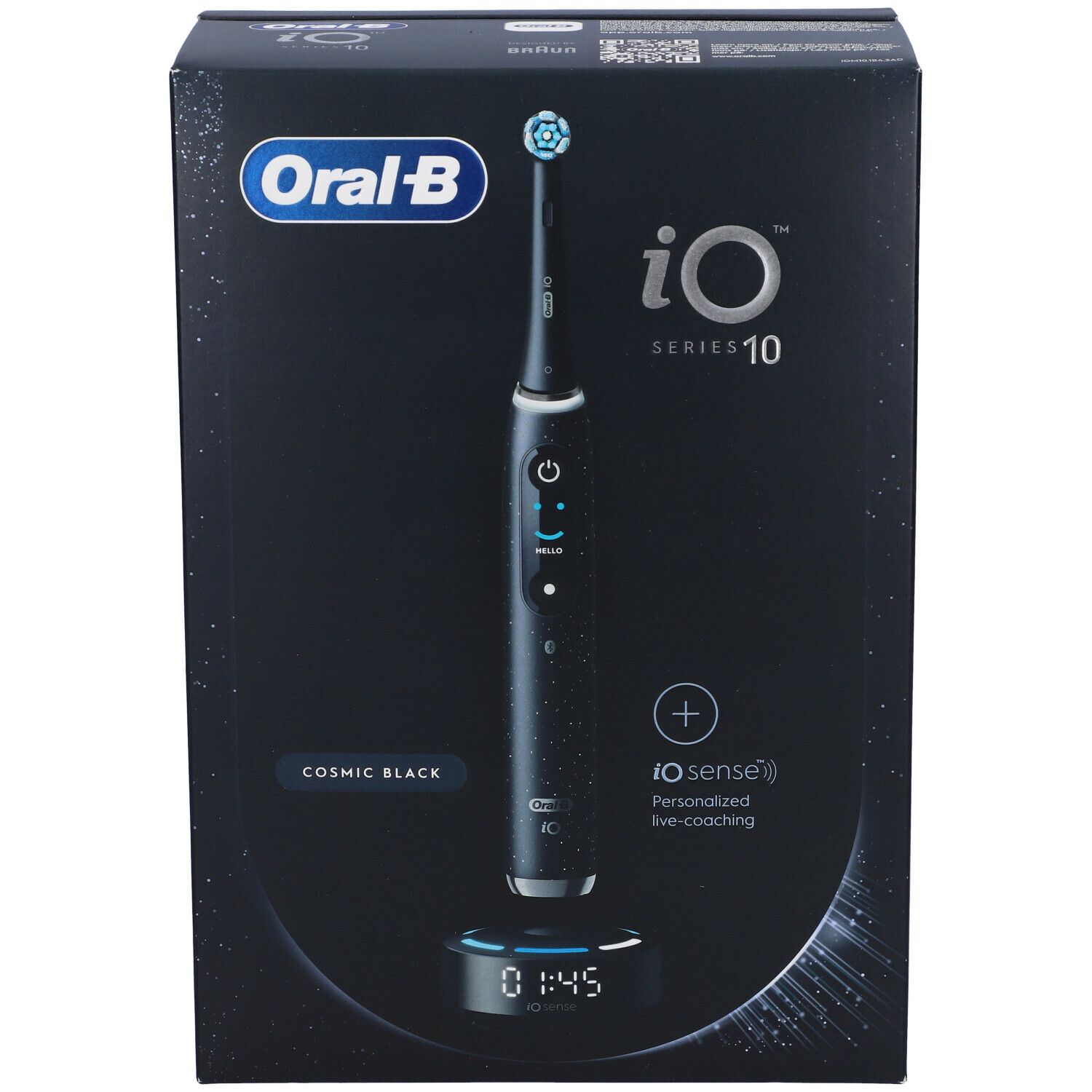 Confezione dello spazzolino elettrico nero. Oral-B iO Series 10, Cosmic Black. Con base di ricarica.