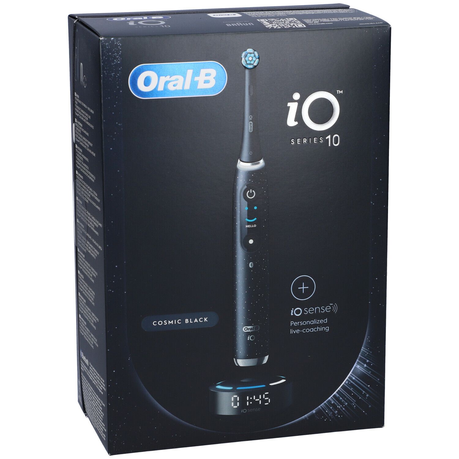 Confezione dello spazzolino elettrico nero Oral-B iO Series 10. Cosmic Black è scritto sulla confezione.