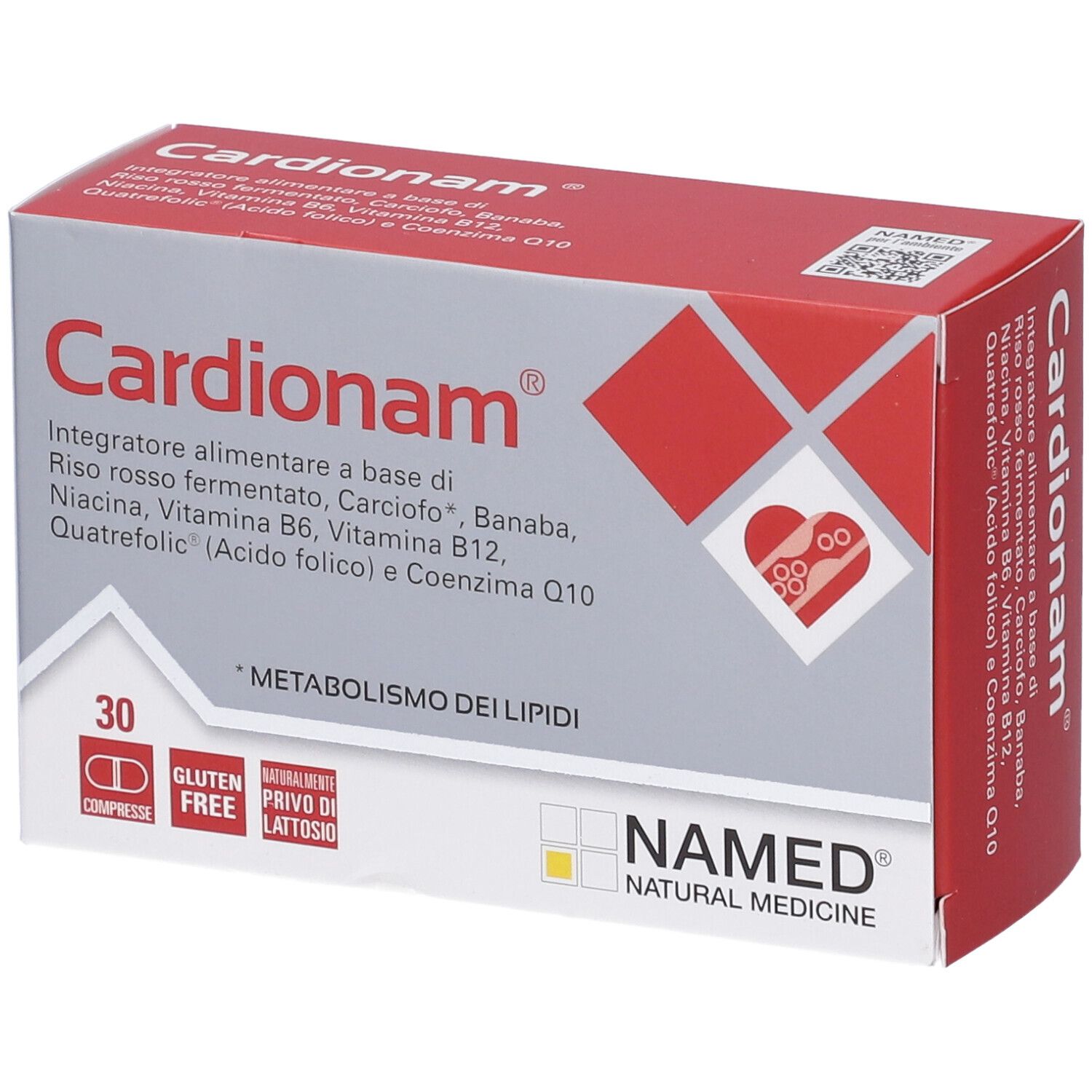Scatola di Cardionam® NAMED. Scritta: 30 compresse, senza glutine, senza lattosio. Confezione rossa e grigia.