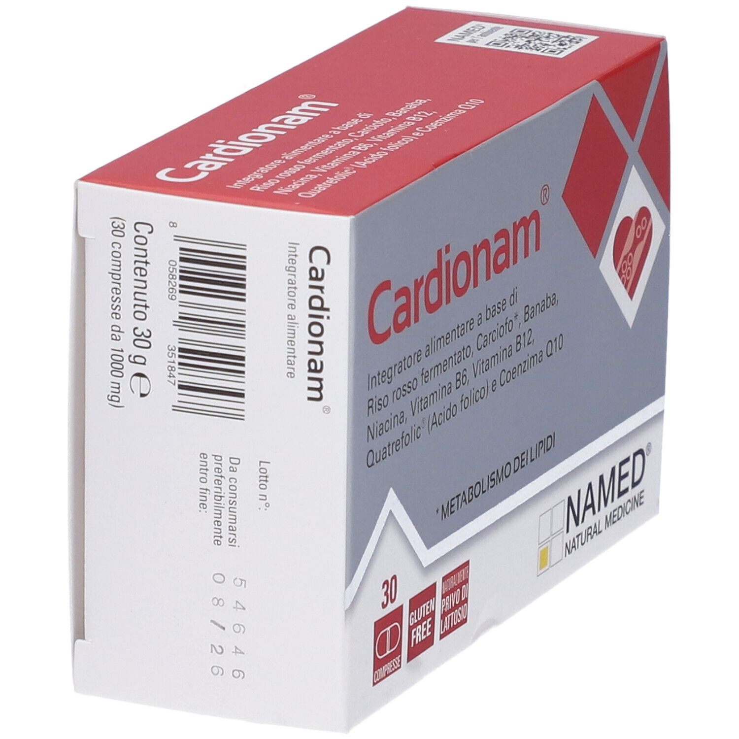 Scatola NAMED® Cardionam, confezione rossa e grigia. Scritta: 30 compresse. Vista laterale con informazioni sul prodotto.