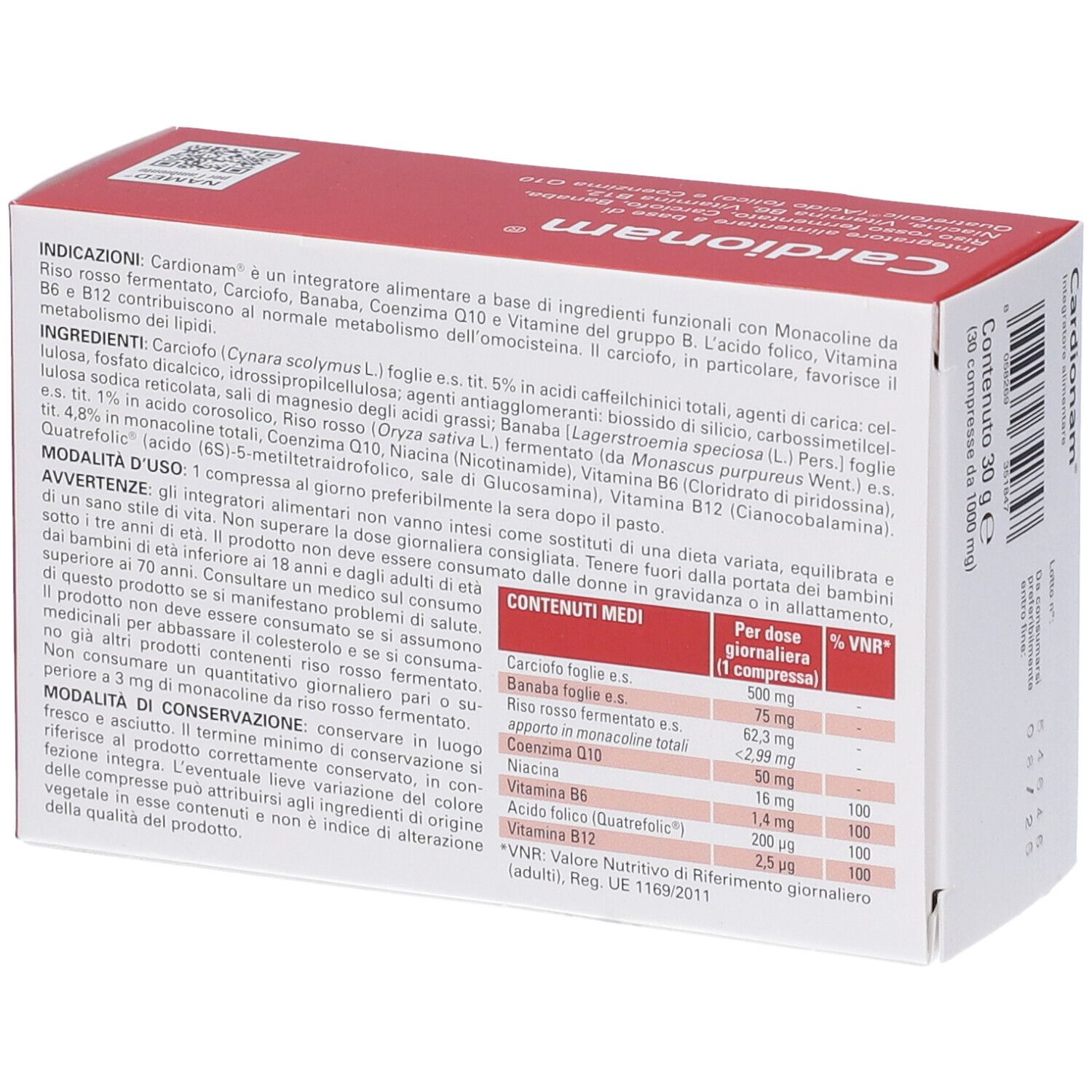 Retro della confezione Cardionam® NAMED. Contiene informazioni sul prodotto, ingredienti e valori nutrizionali.